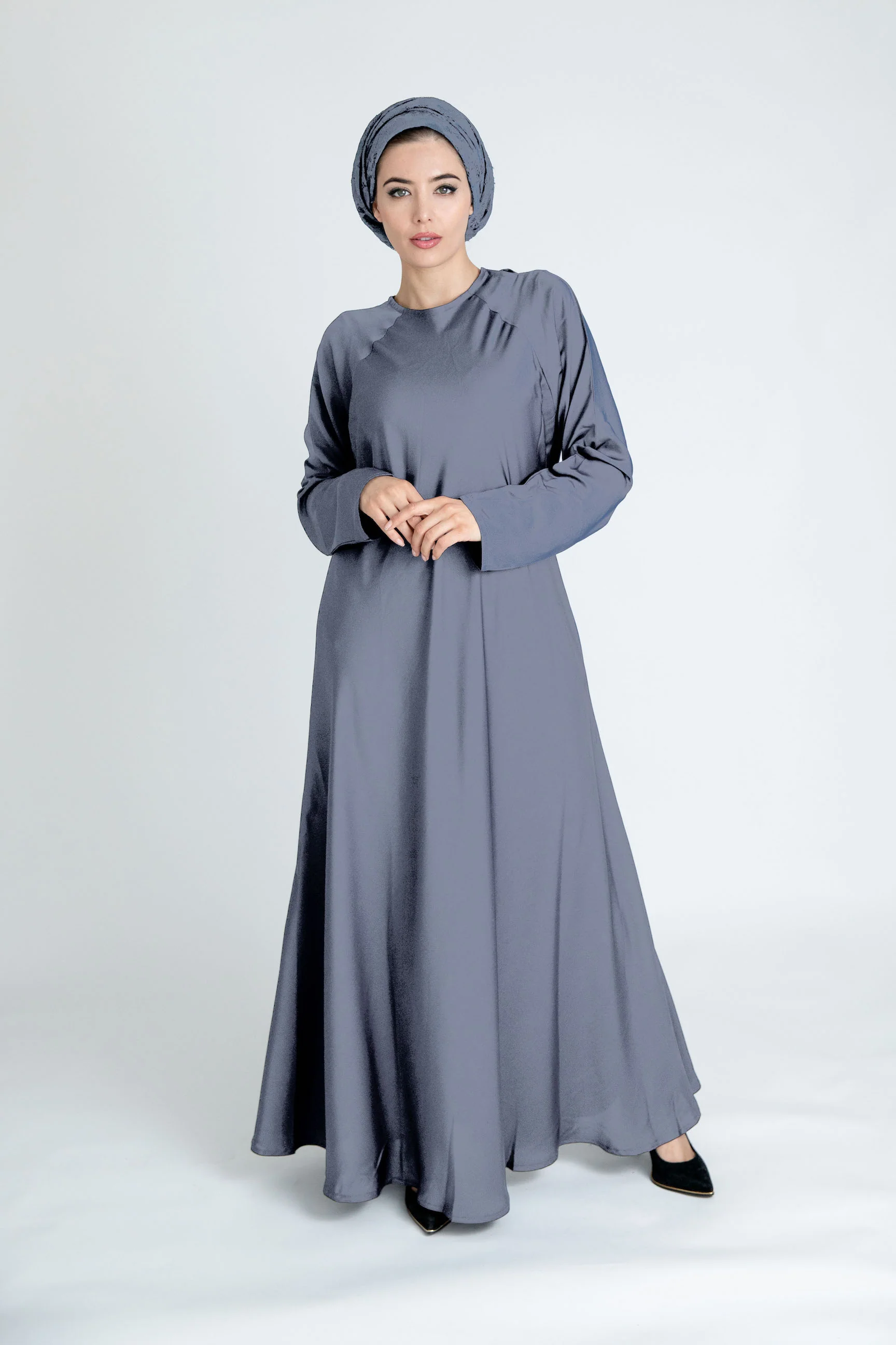 Grey Closed Abaya – Plain Umbrella Cut Design