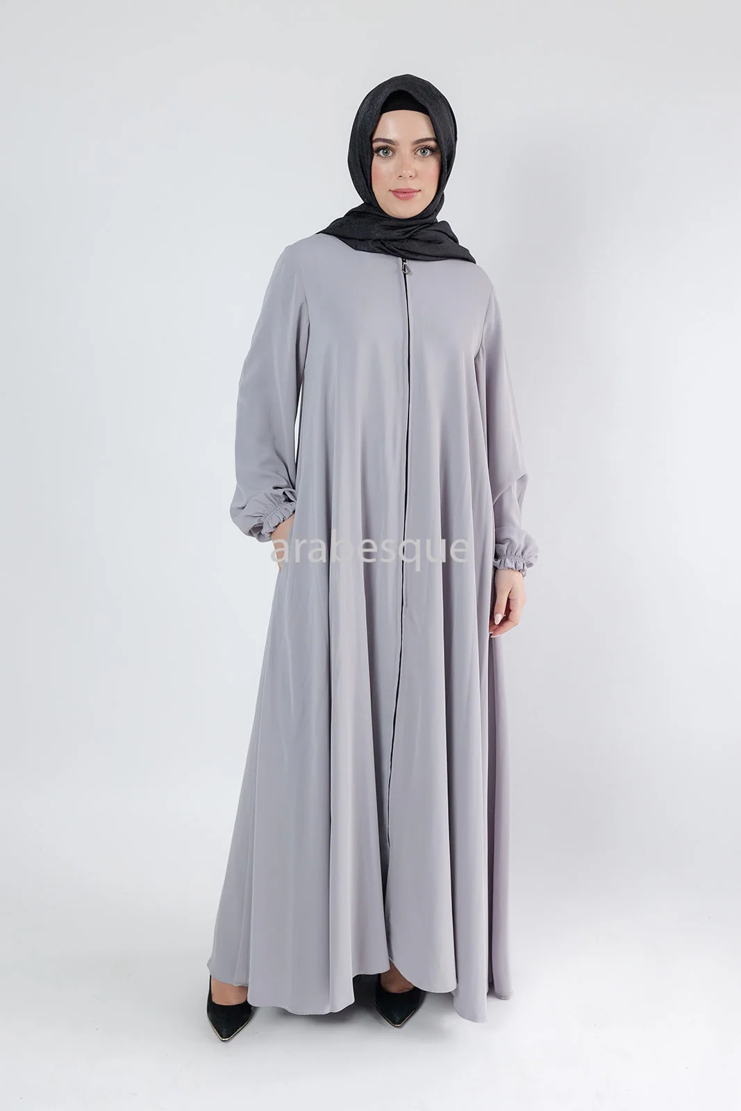 Grey Umbrella Abaya – Zip Front with Pockets & Elastic Sleeves
