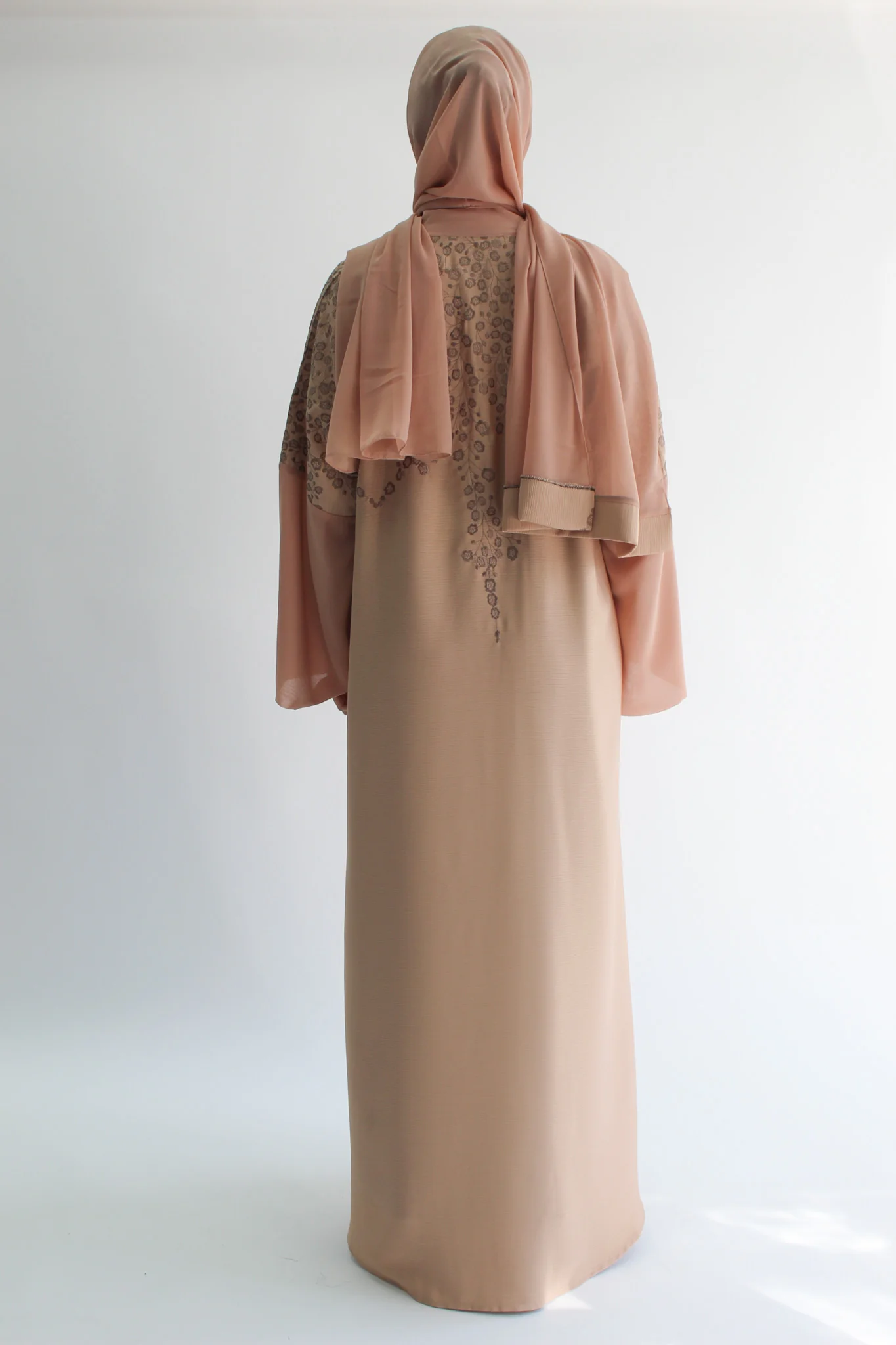 Light Peach Open Abaya - Textured Embroidery with Chiffon Border - Image 5