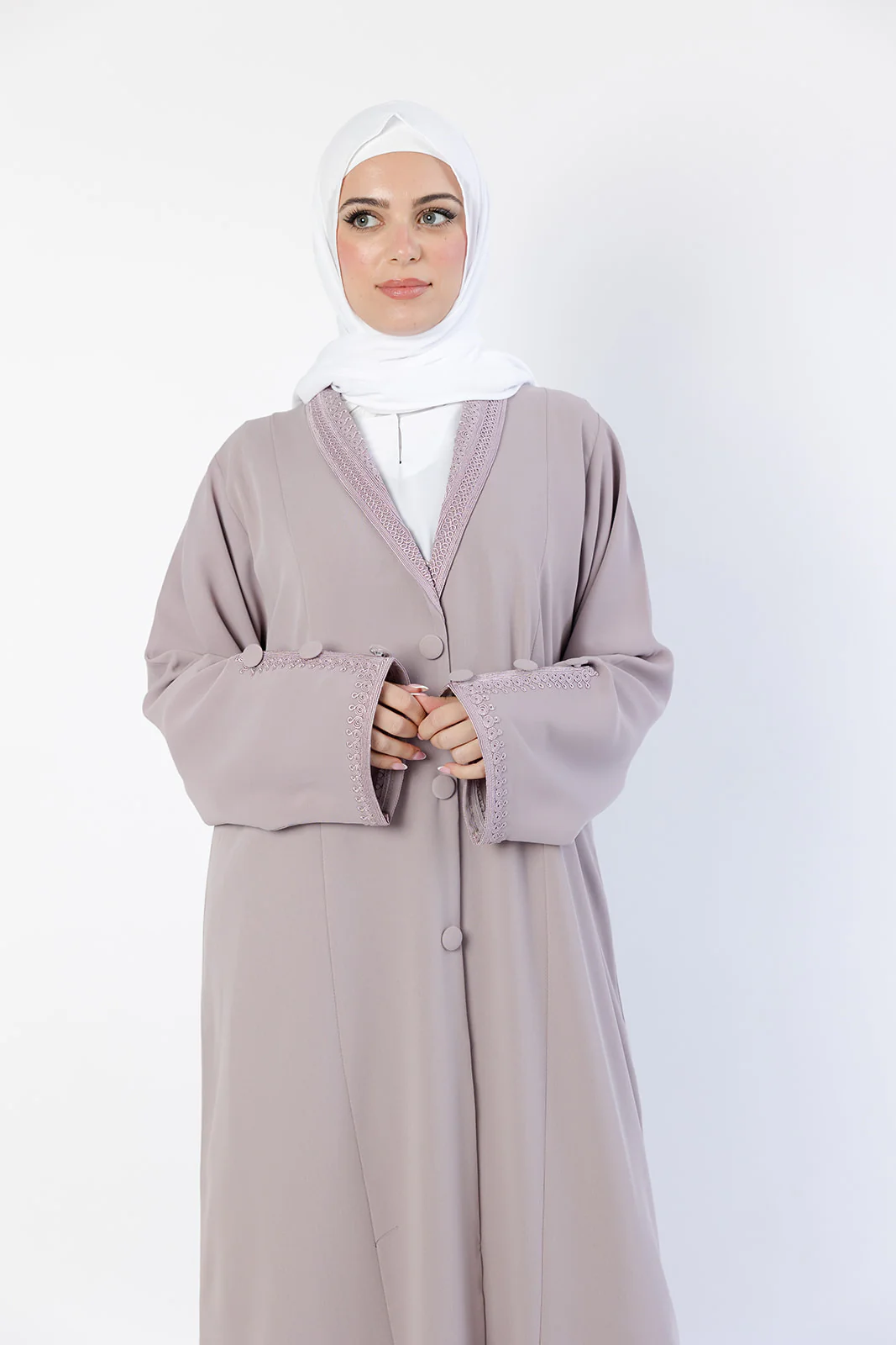 Lilac Embroidered Collar and Cuffs Open Abaya - Image 3
