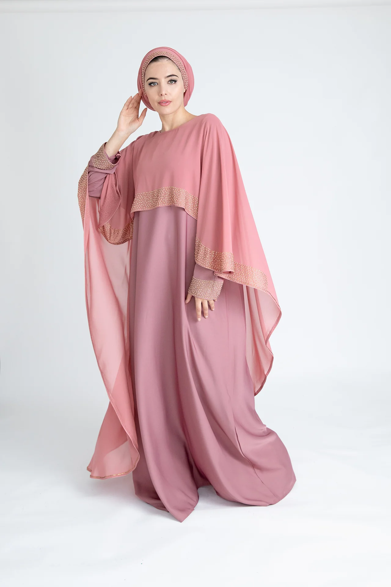 Blush Closed Abaya - Chiffon Cape Design with Pearl & Diamante - Image 3