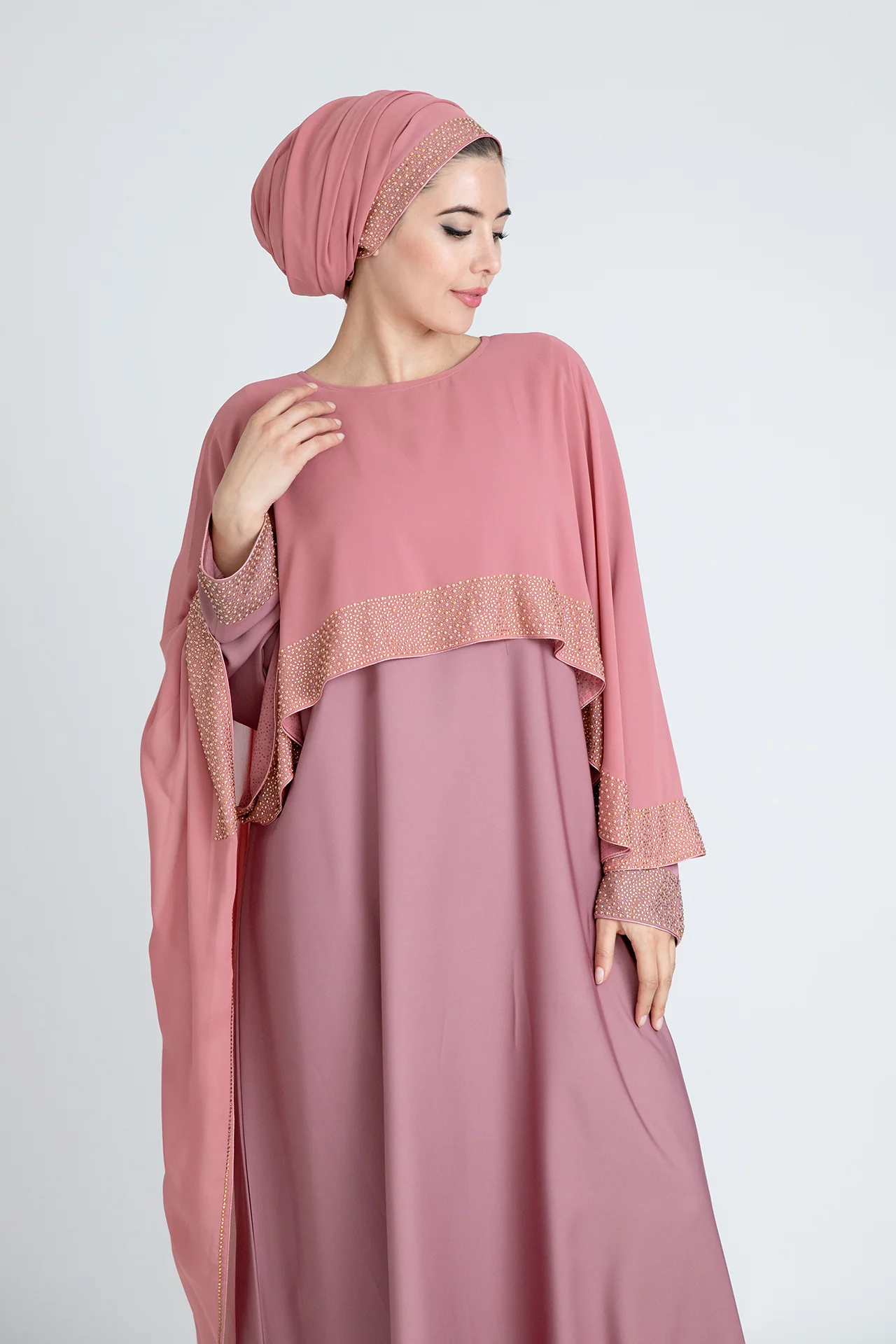 Blush Closed Abaya - Chiffon Cape Design with Pearl & Diamante - Image 4