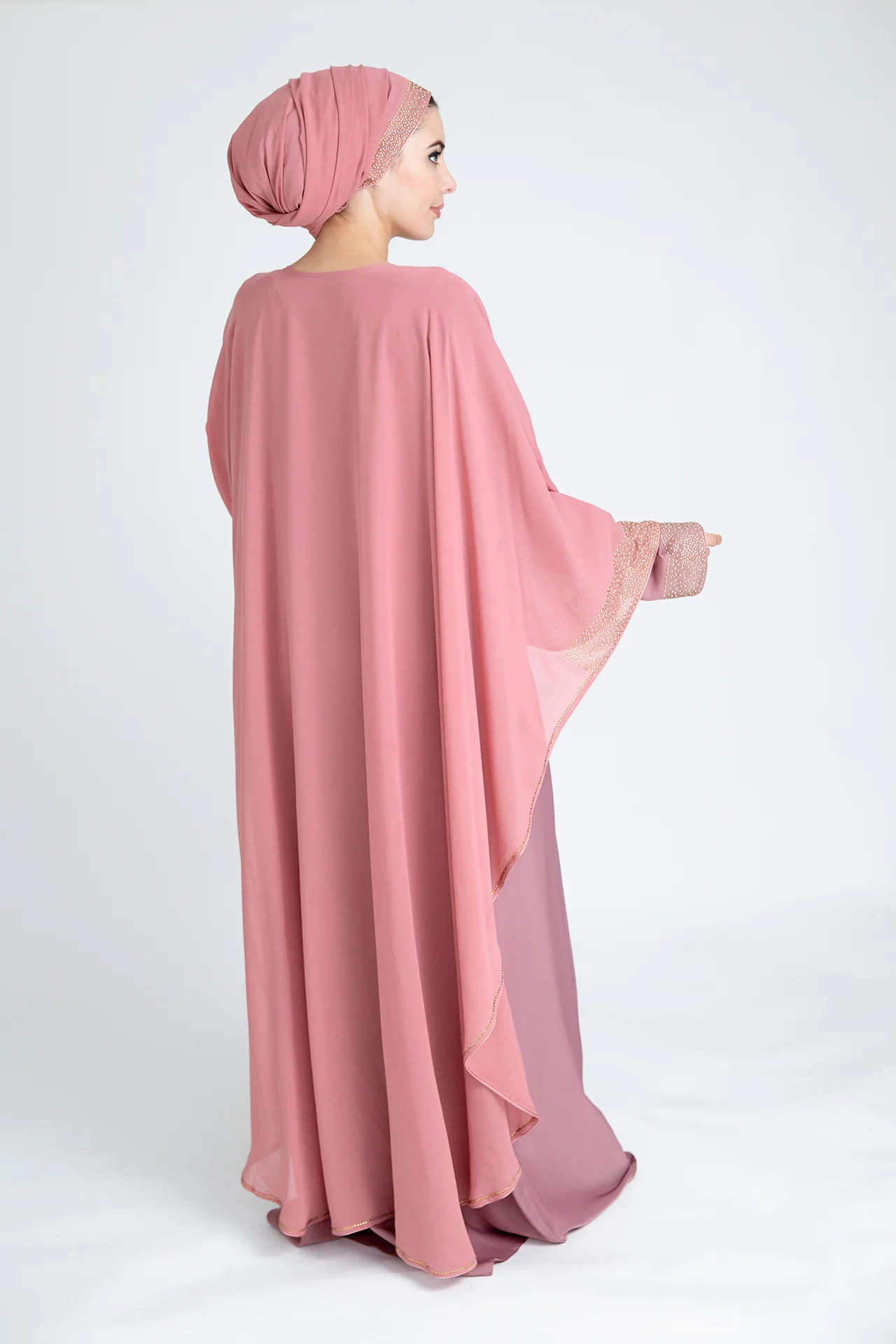 Blush Closed Abaya - Chiffon Cape Design with Pearl & Diamante - Image 5