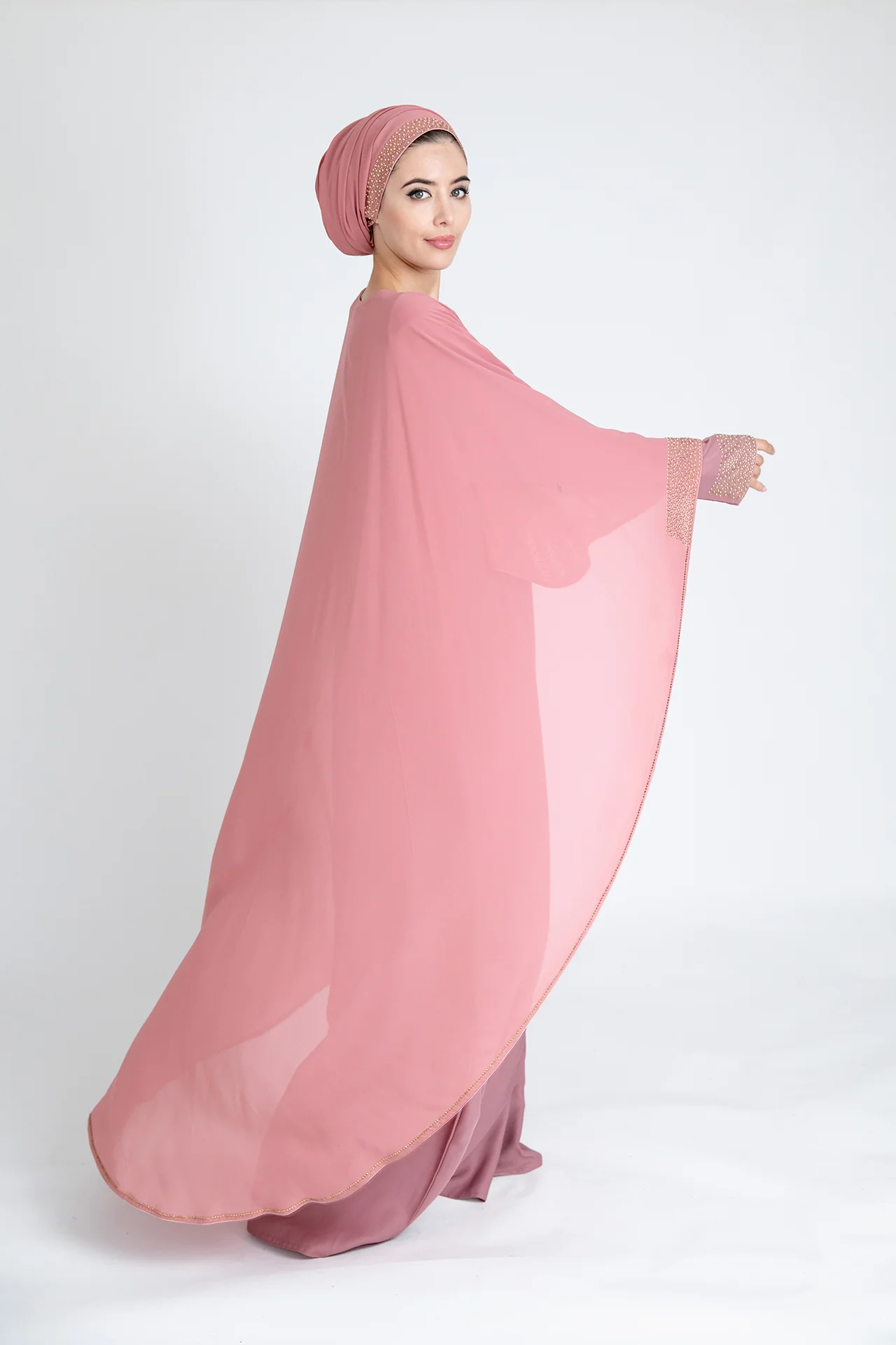Blush Closed Abaya - Chiffon Cape Design with Pearl & Diamante - Image 6