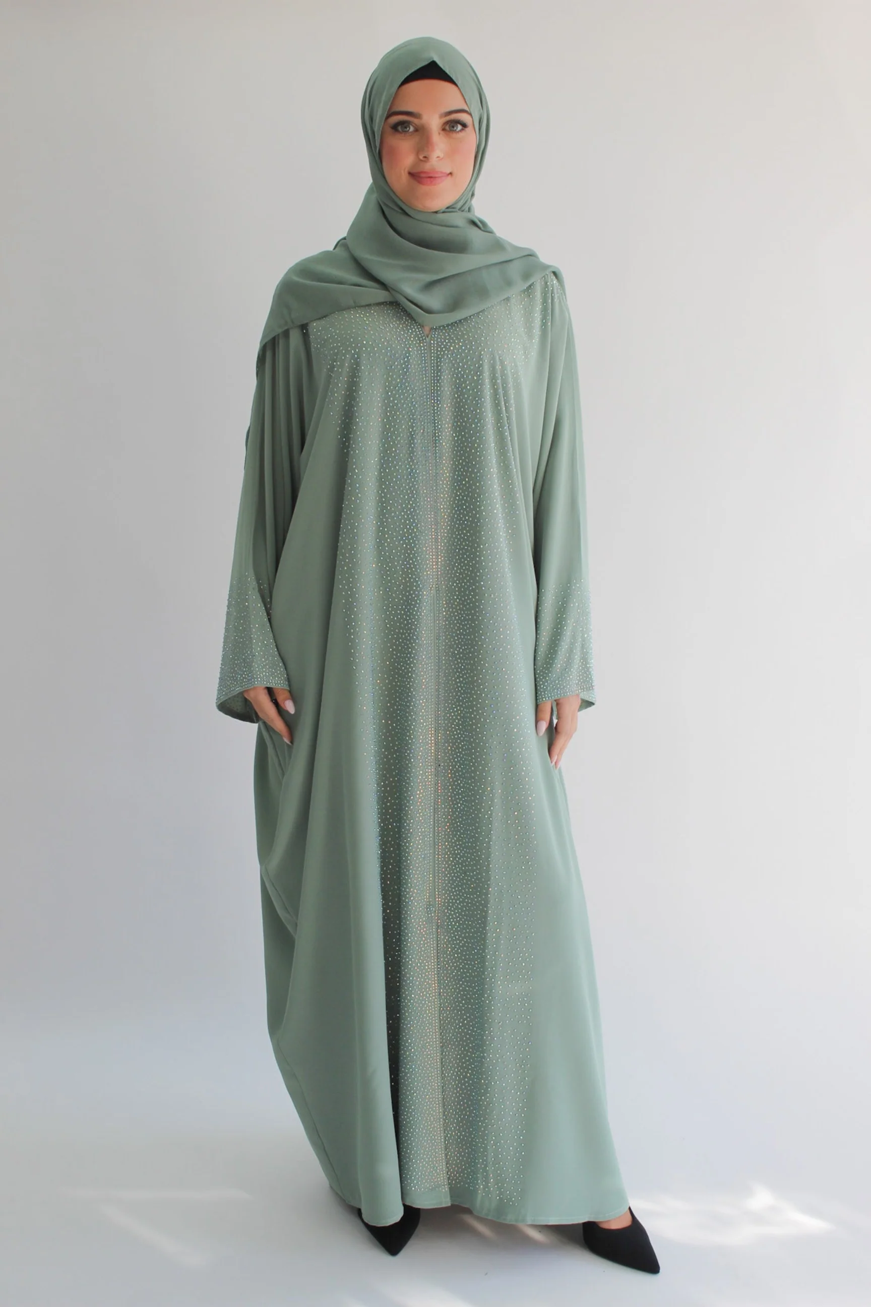 Sage Green Luxury Crystal Embellished Batwing Open Abaya