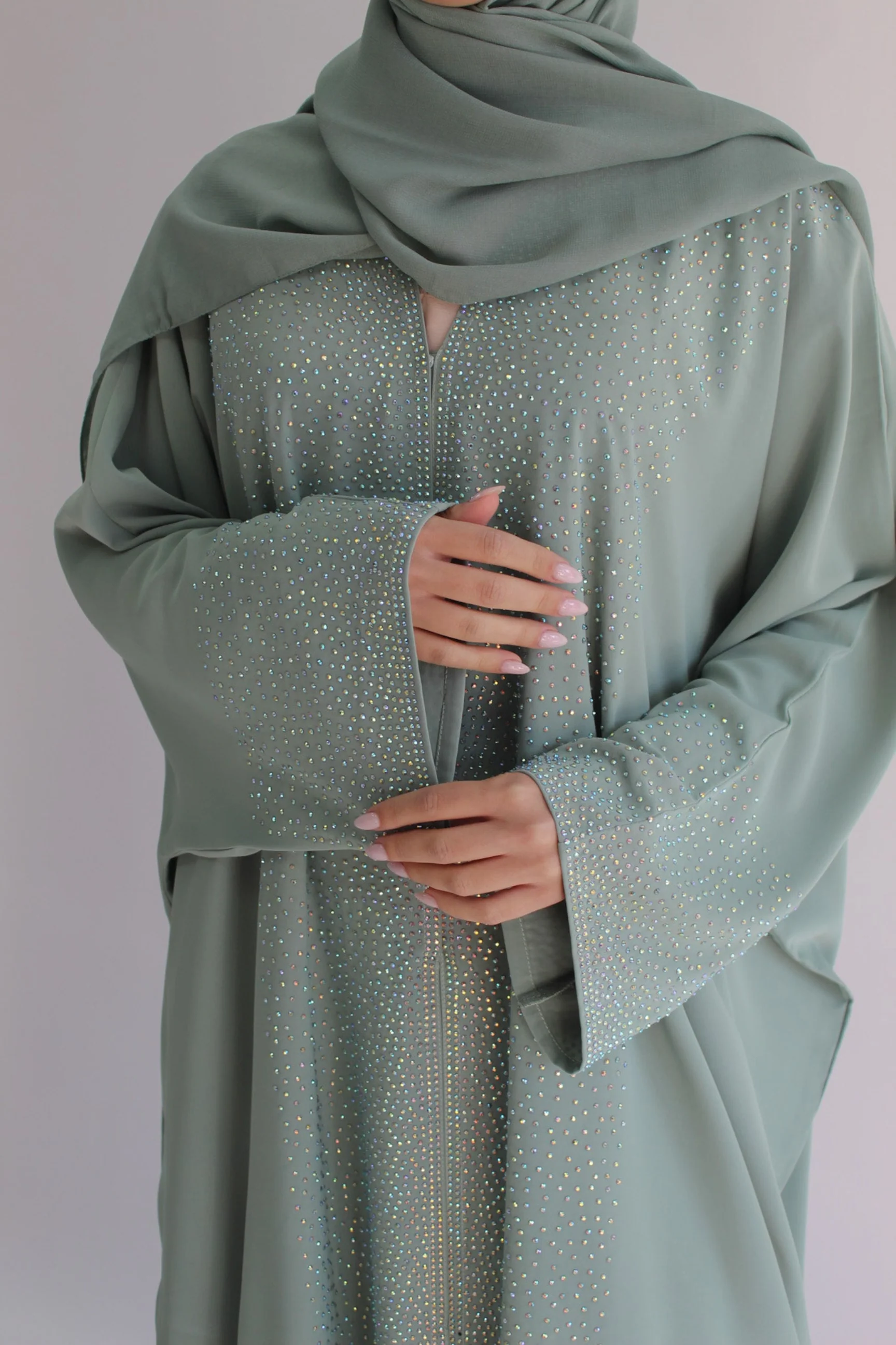 Sage Green Luxury Crystal Embellished Batwing Open Abaya - Image 2