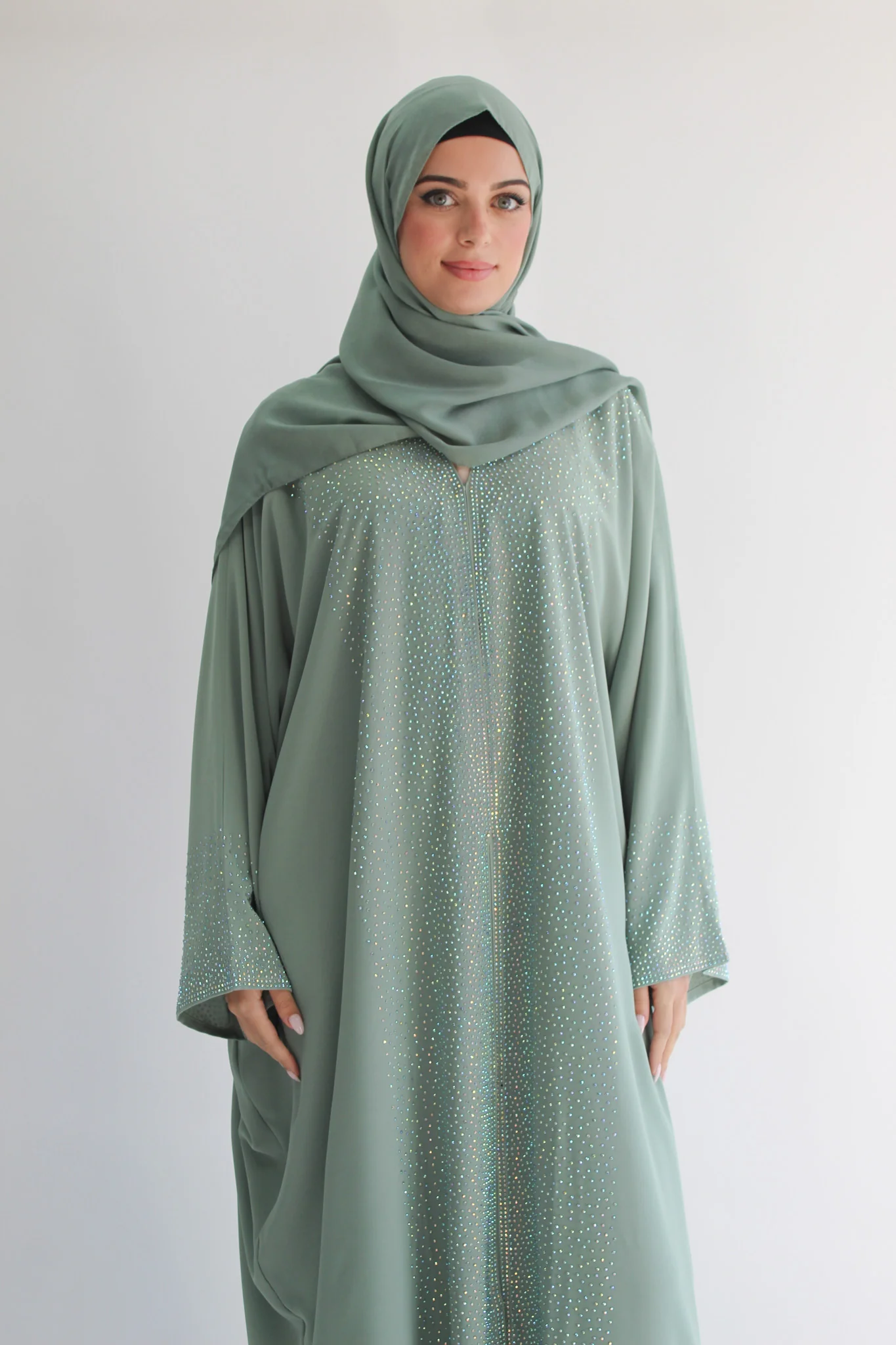 Sage Green Luxury Crystal Embellished Batwing Open Abaya - Image 3