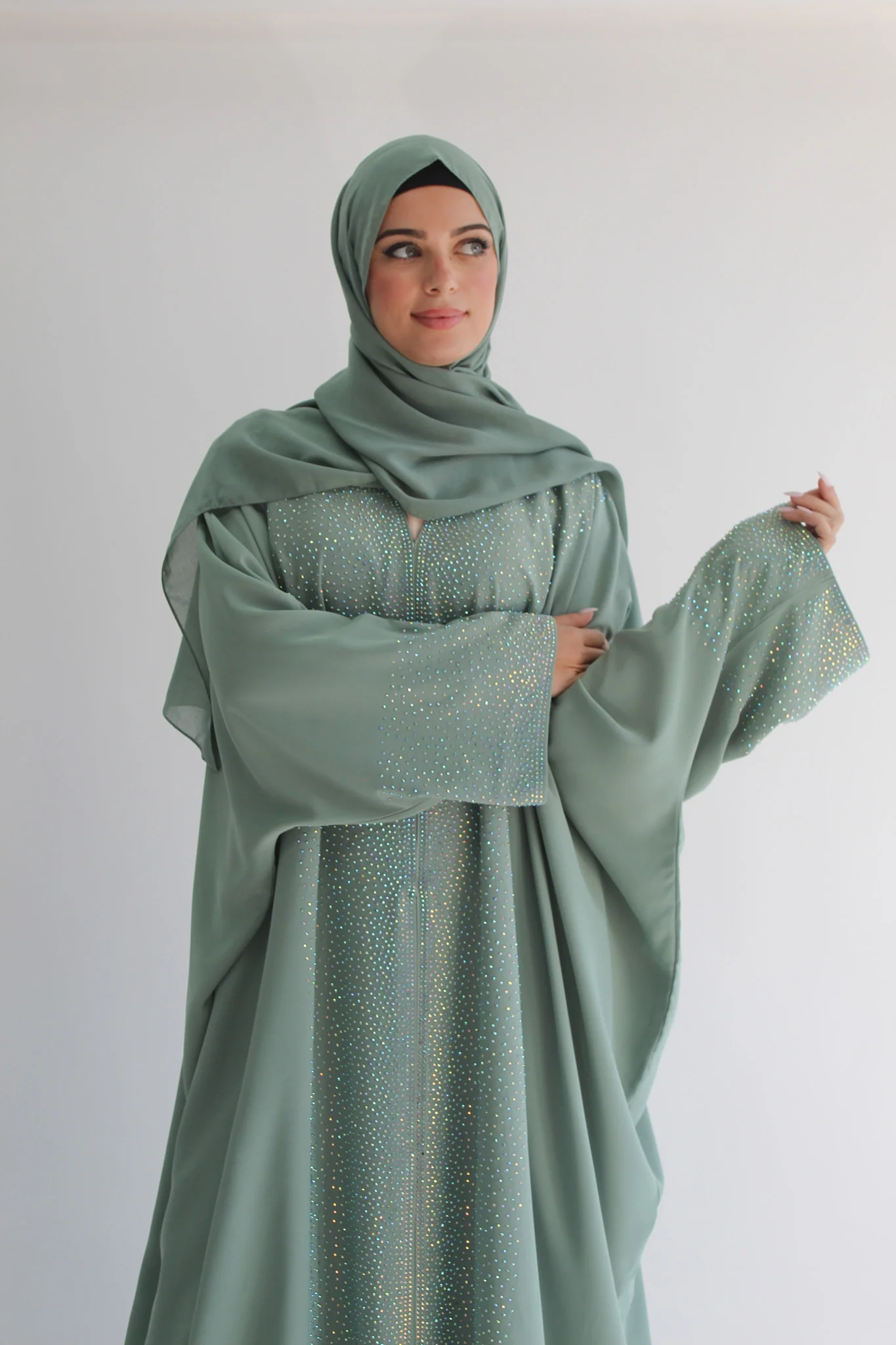 Sage Green Luxury Crystal Embellished Batwing Open Abaya - Image 4