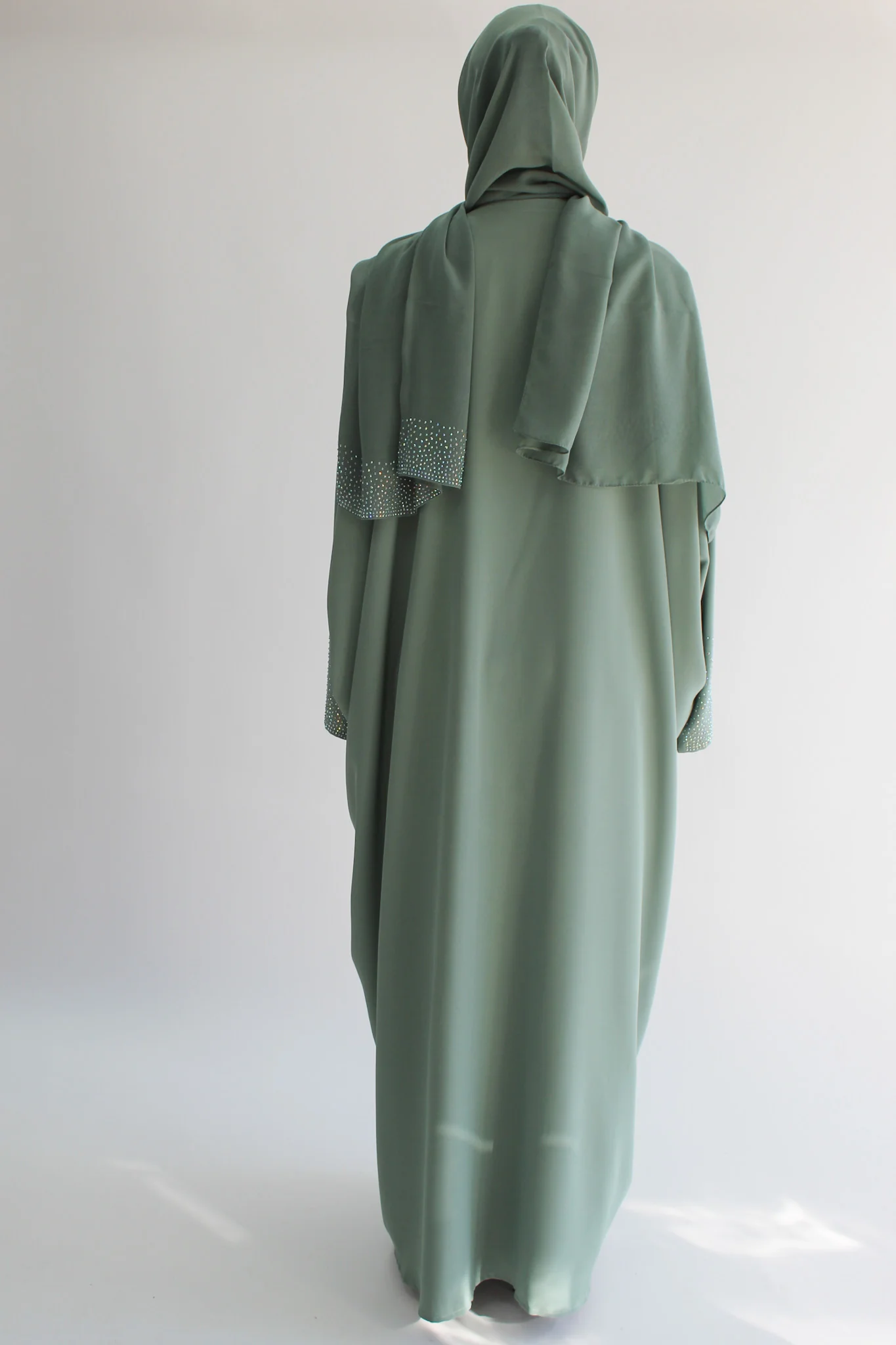 Sage Green Luxury Crystal Embellished Batwing Open Abaya - Image 5