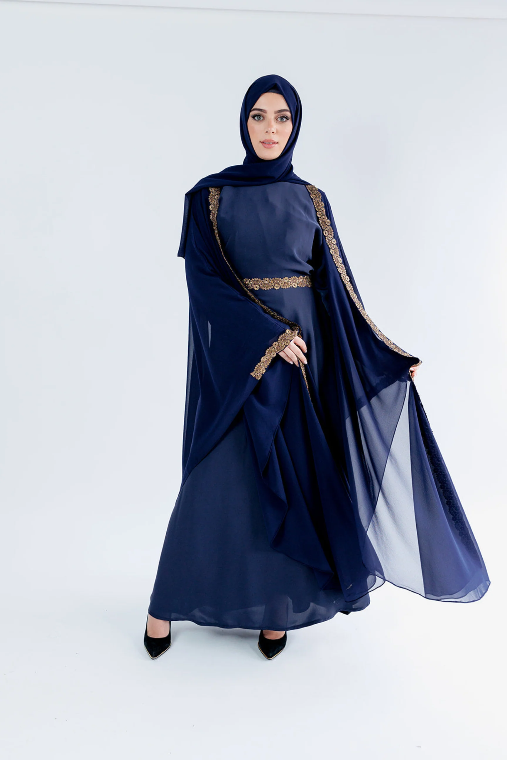 Navy Closed Abaya – Luxury Chiffon Cape Design with Gold Lace and Diamante Embellishment - Image 2