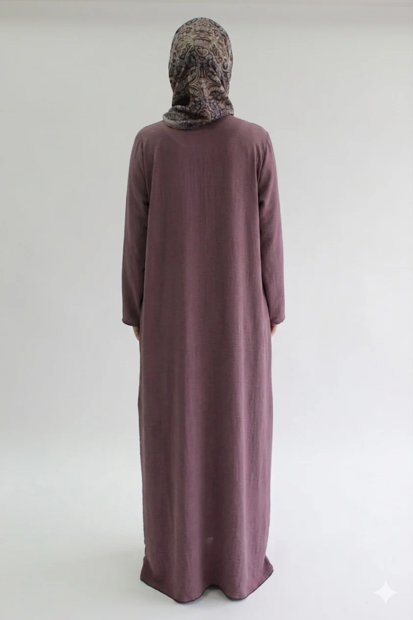 Mauve Closed Abaya - Crushed Polyester with Pocket - Image 3