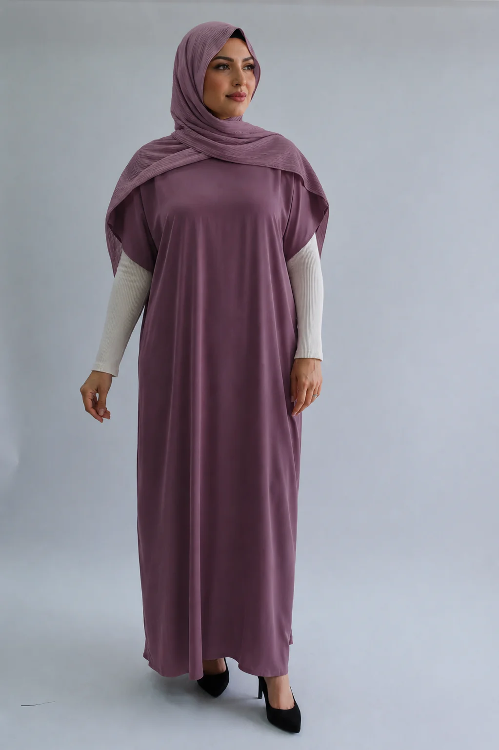 Mauve Plain Short Sleeve Dress - Silky Ripple Satin