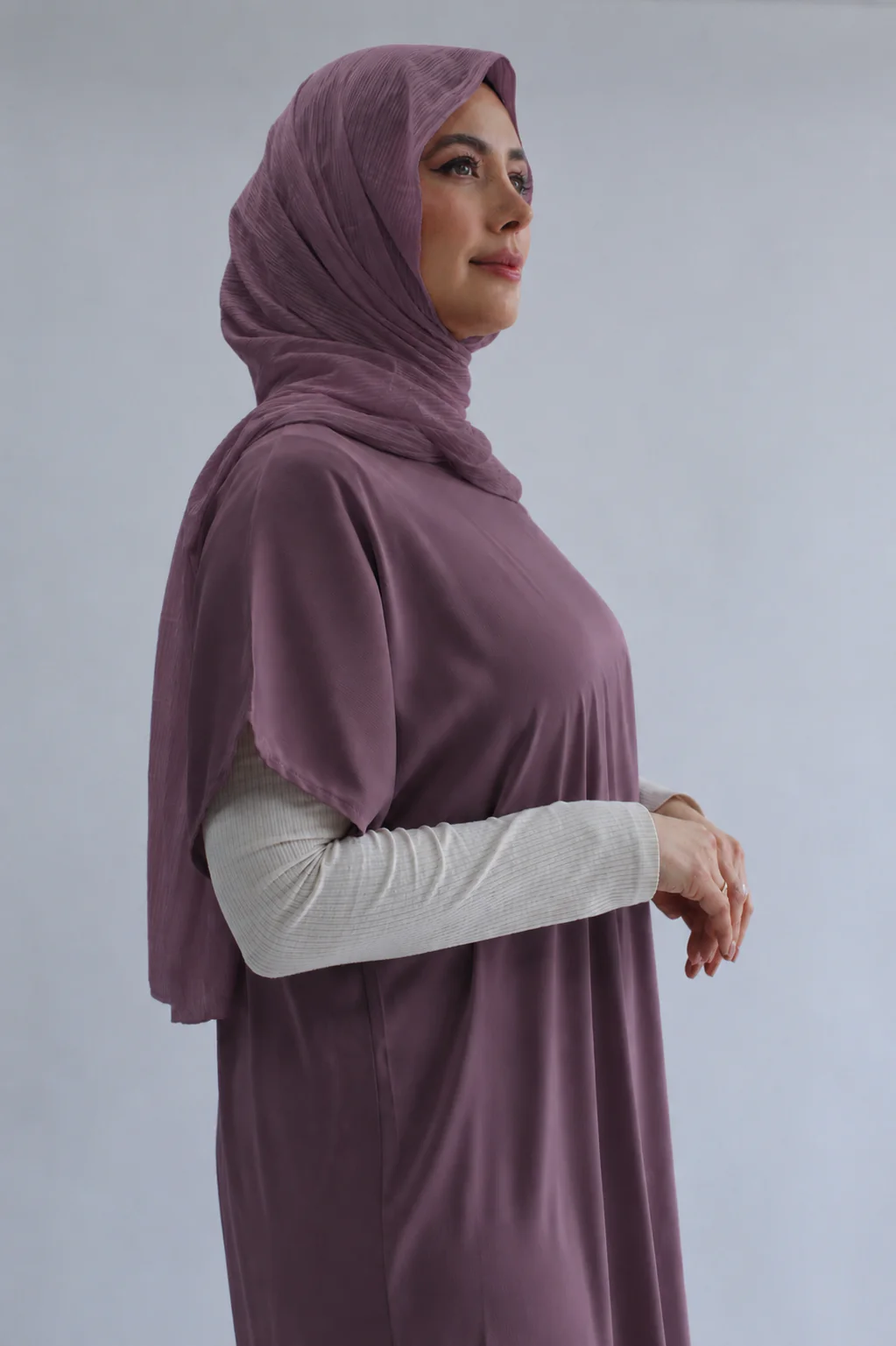 Mauve Plain Short Sleeve Dress - Silky Ripple Satin - Image 2