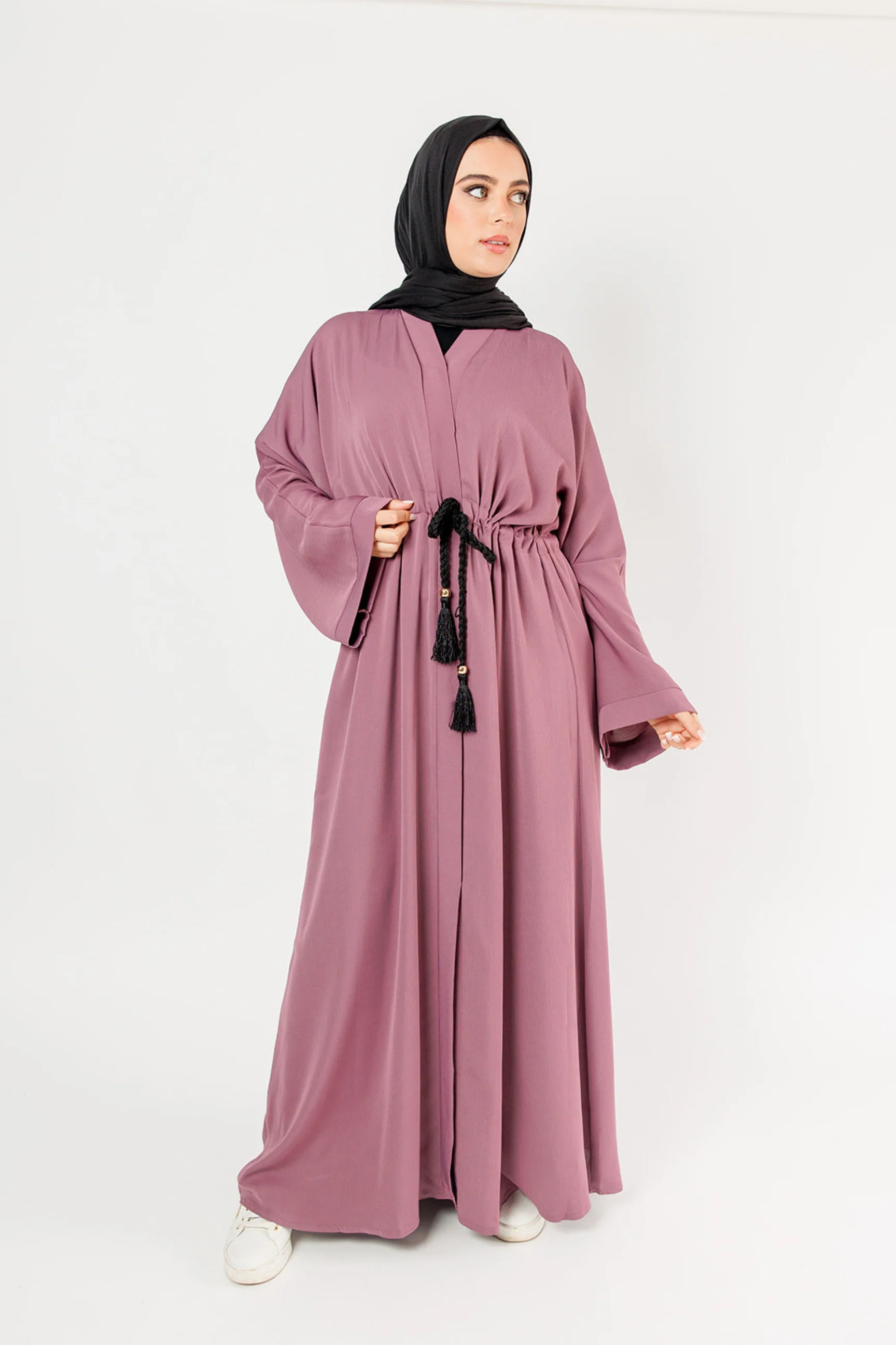 Mauve Open Abaya – Plain Design, Drawstring Waist with Textured Finish