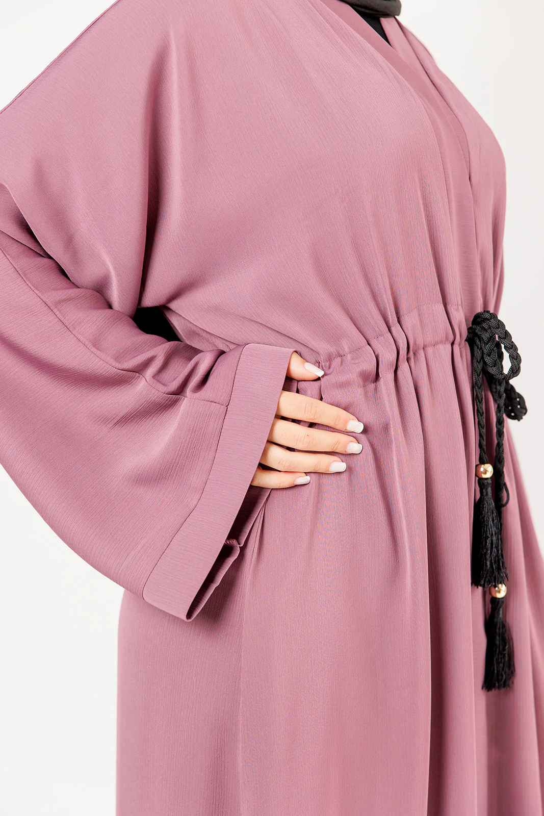 Mauve Open Abaya – Plain Design, Drawstring Waist with Textured Finish - Image 2