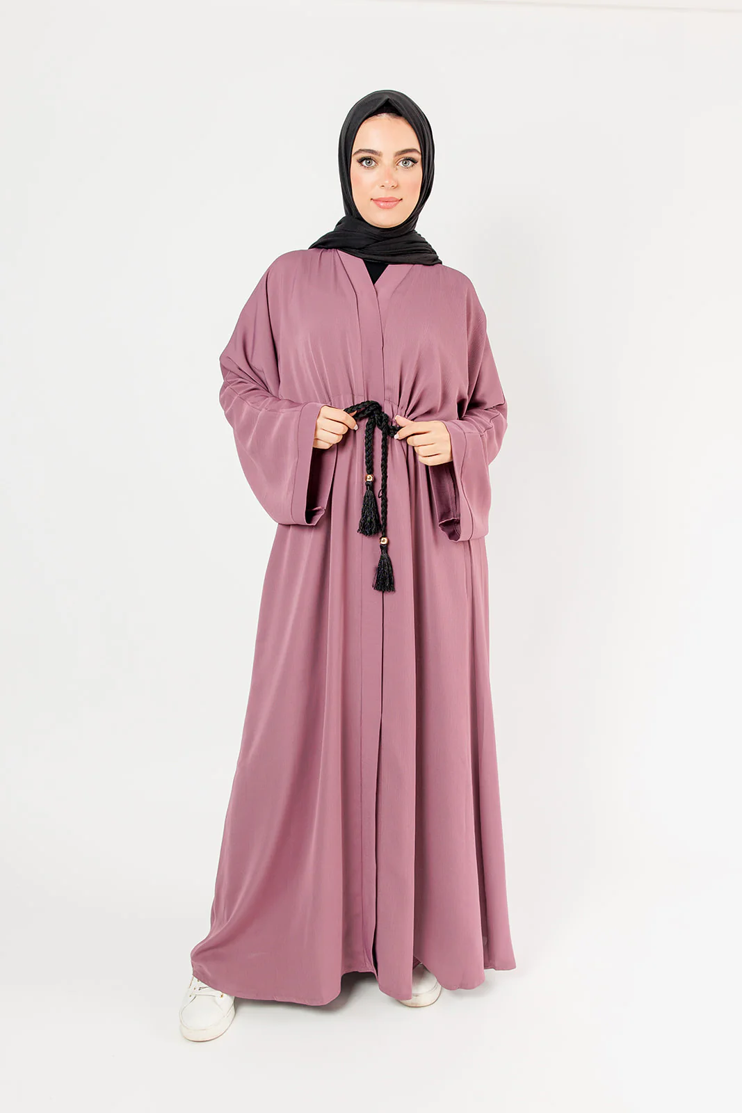 Mauve Open Abaya – Plain Design, Drawstring Waist with Textured Finish - Image 3