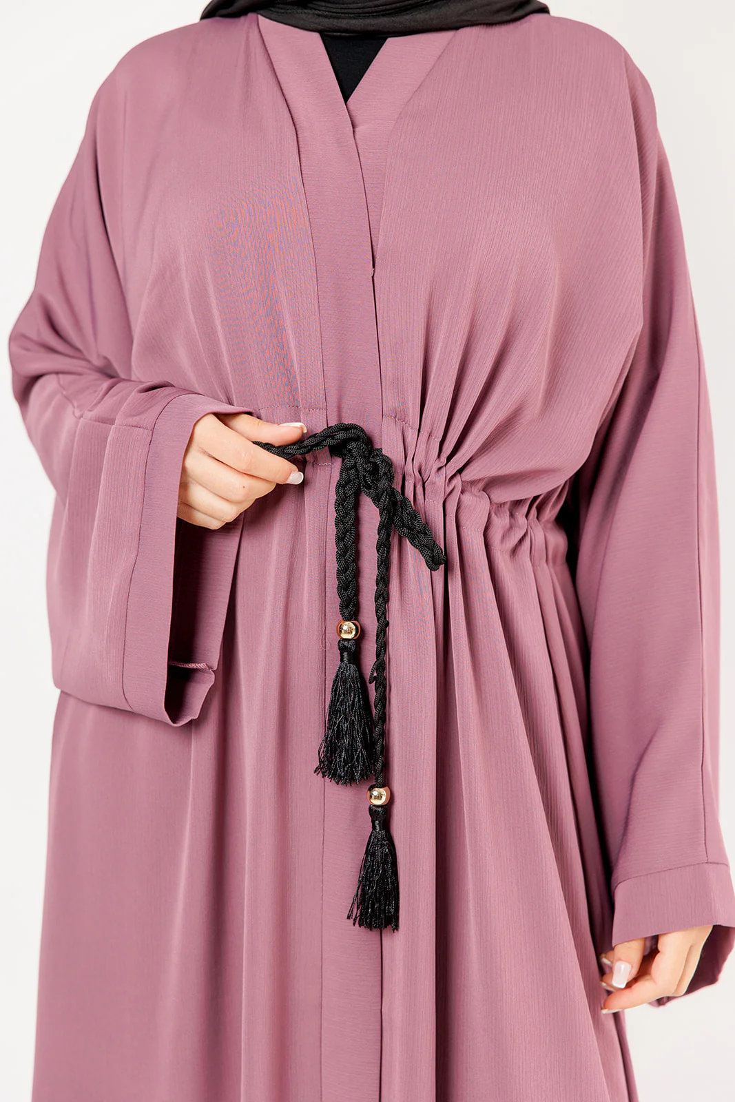 Mauve Open Abaya – Plain Design, Drawstring Waist with Textured Finish - Image 4