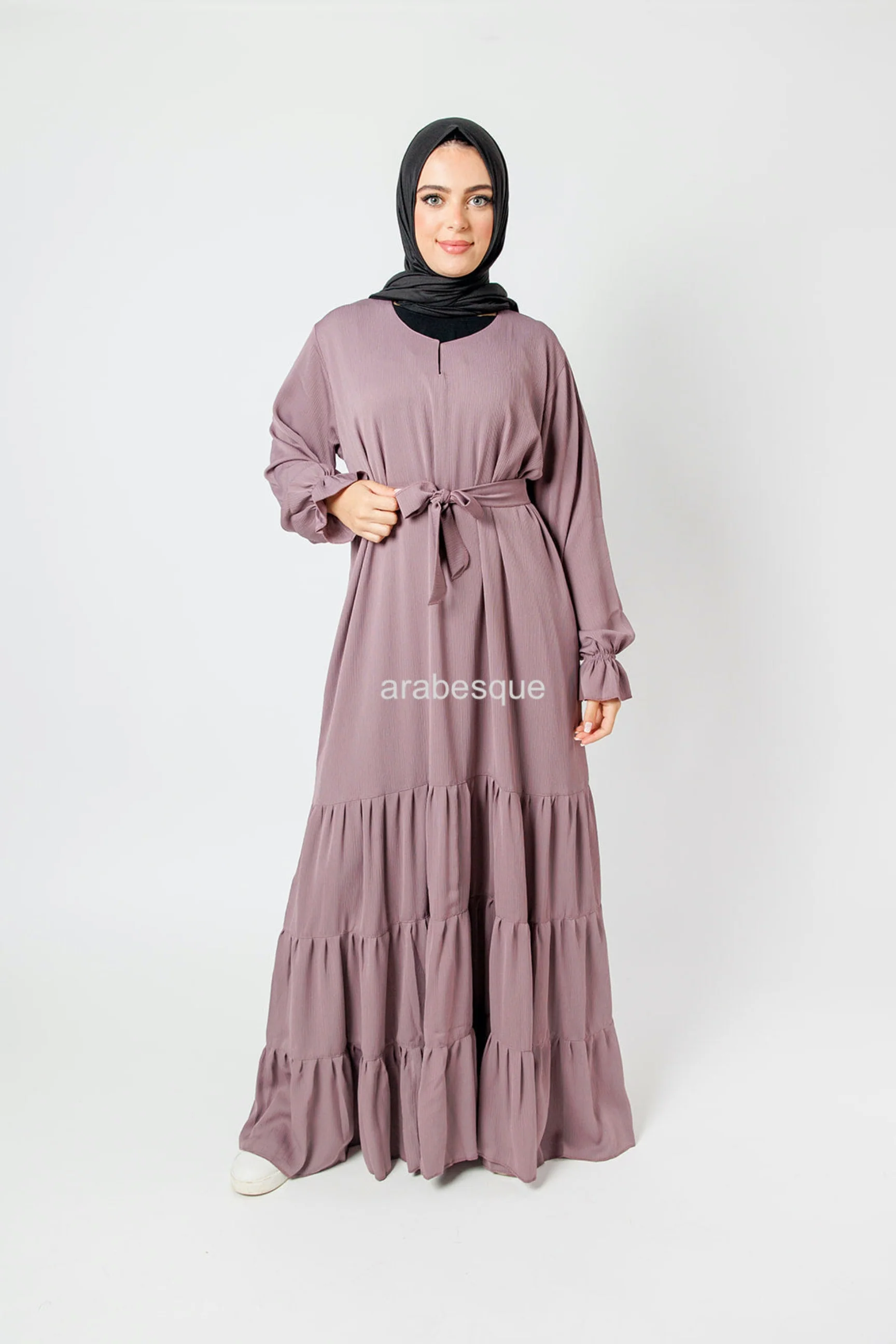 Mauve Tiered Closed Abaya – Textured Fabric, Belted with Cuffed Sleeves