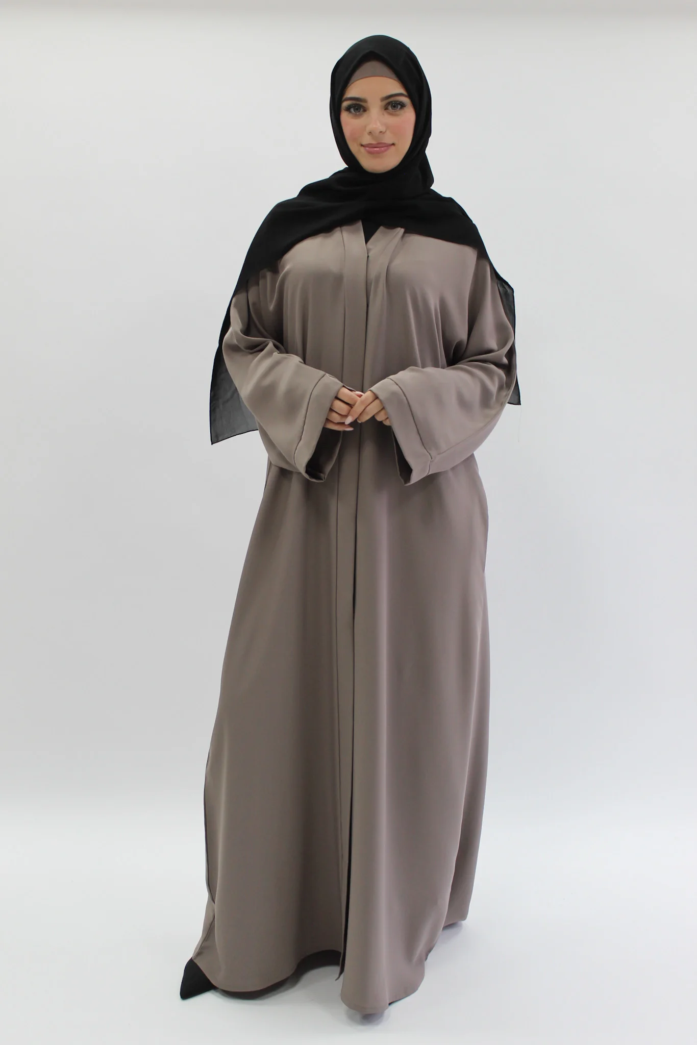 Mink Open Abaya – Premium Plain Nidha with Pocket & Wide Sleeves
