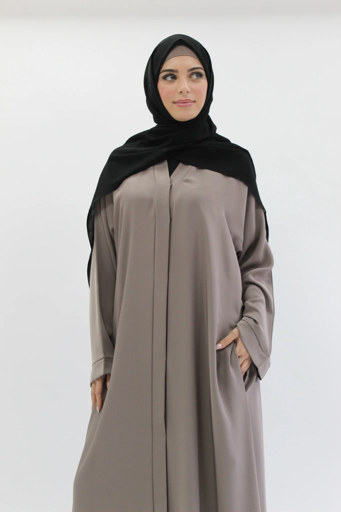 Mink Open Abaya – Premium Plain Nidha with Pocket & Wide Sleeves - Image 2