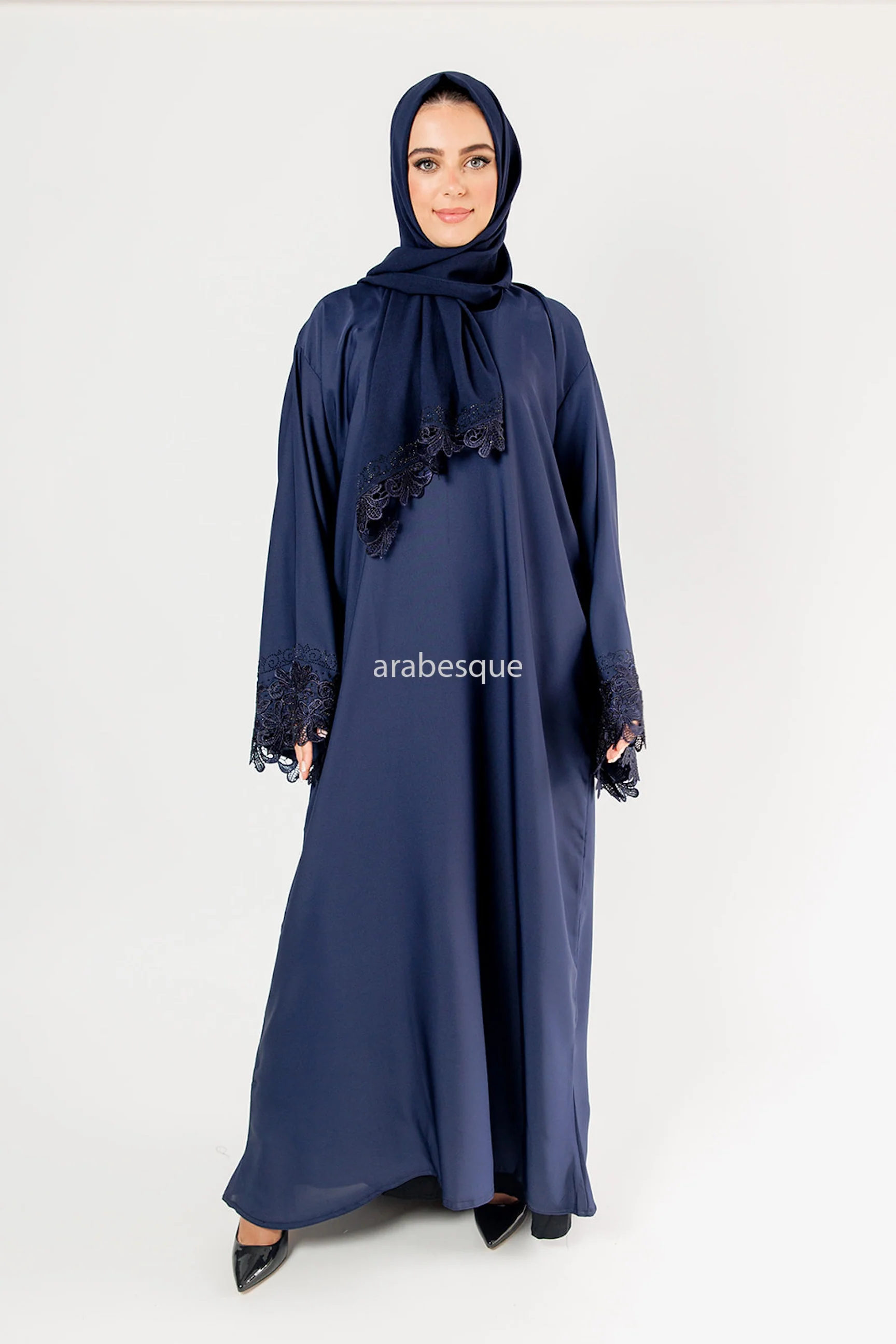 Navy Closed Abaya – Elegant Floral and Diamanté Needle Lace Sleeve Design