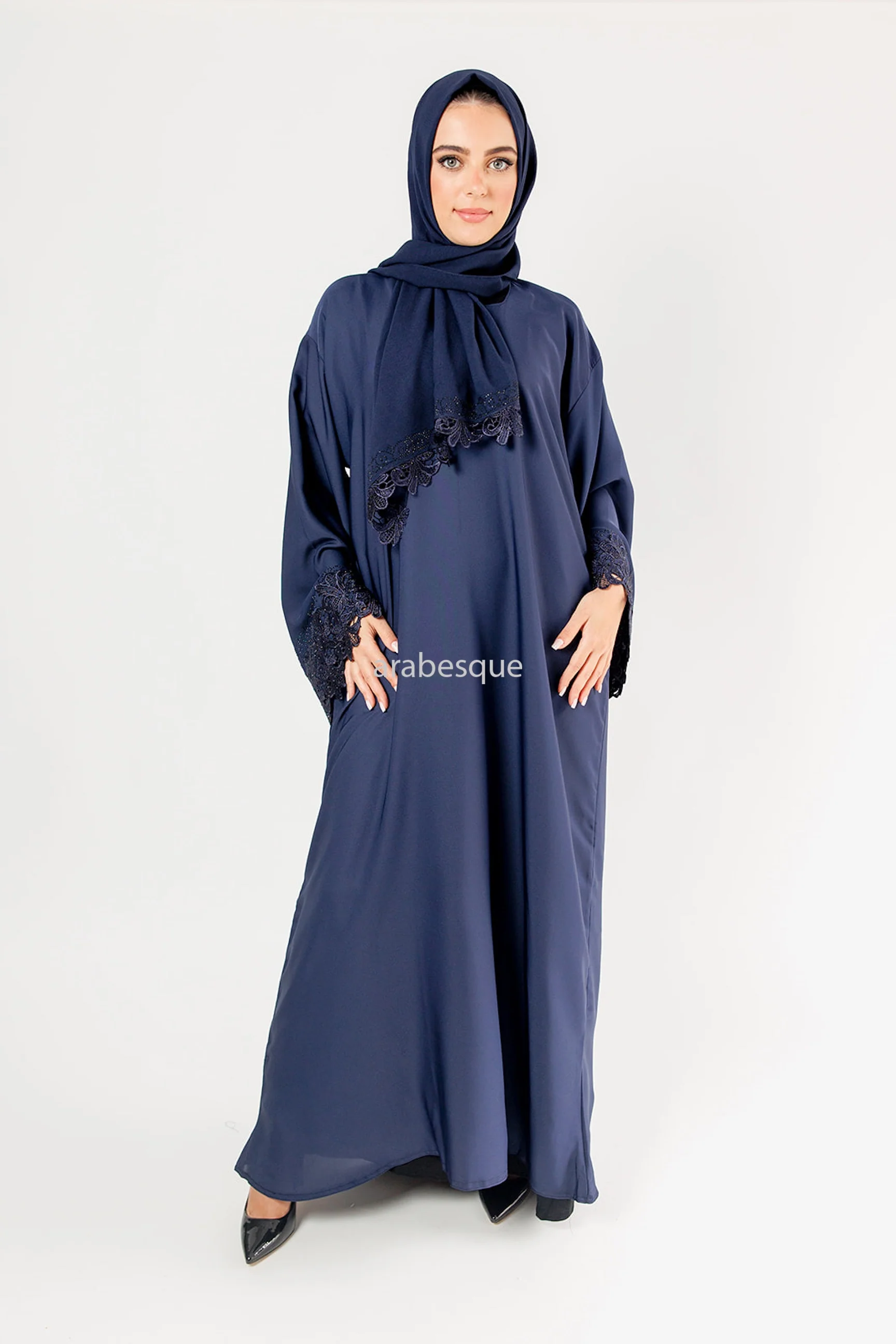 Navy Closed Abaya – Elegant Floral and Diamanté Needle Lace Sleeve Design - Image 2
