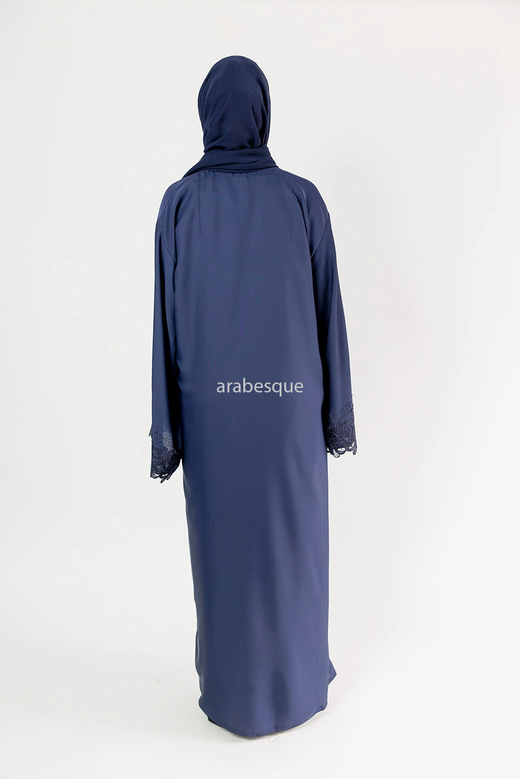 Navy Closed Abaya – Elegant Floral and Diamanté Needle Lace Sleeve Design - Image 5