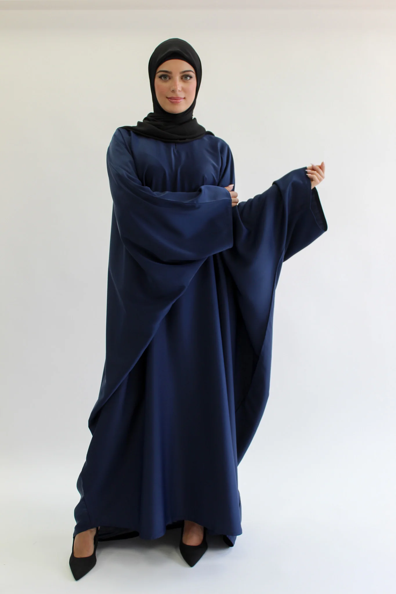 Navy Closed Abaya – Ripple Satin Polyester Batwing Design - Image 3