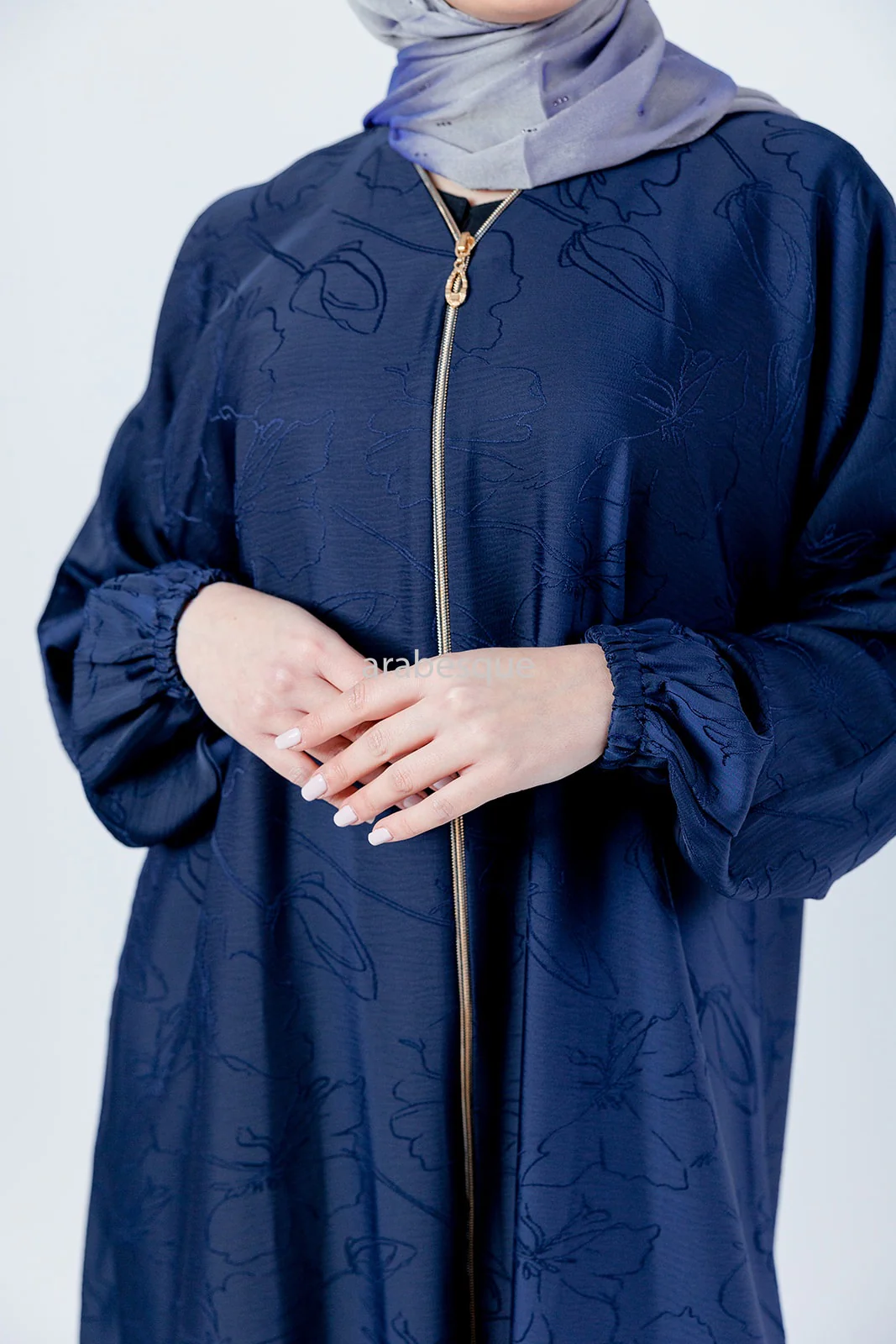 Navy Zip Front Abaya – Floral Pattern Design with Elastic Sleeve - Image 2