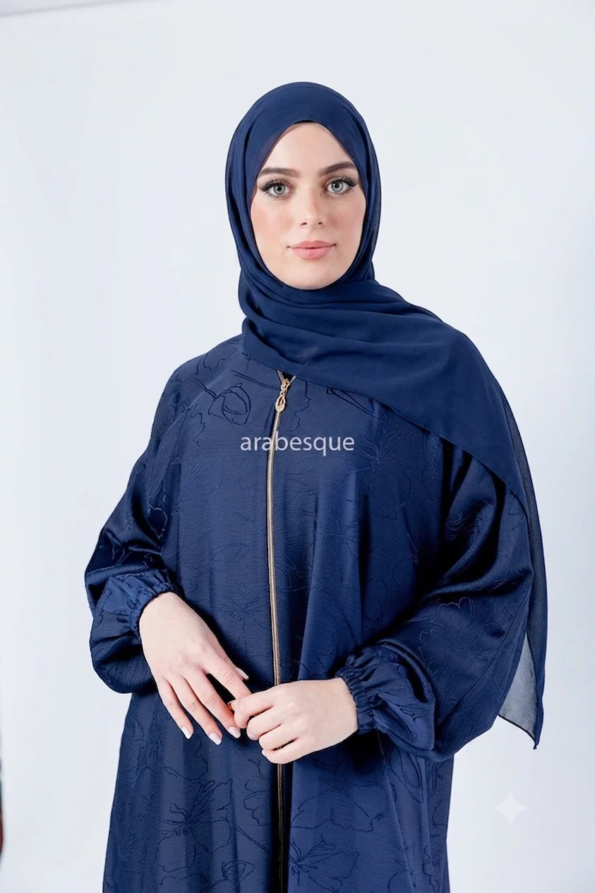 Navy Zip Front Abaya – Floral Pattern Design with Elastic Sleeve - Image 3