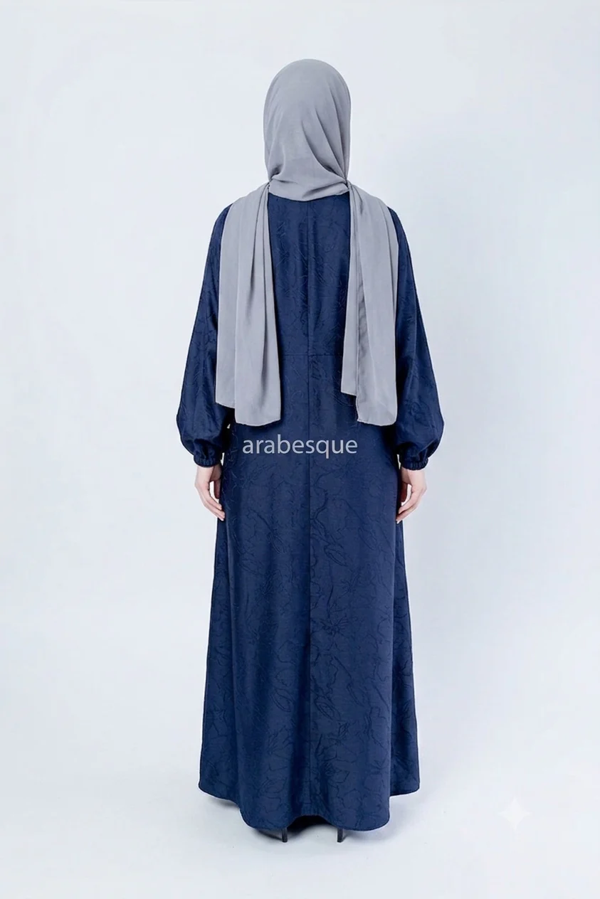 Navy Zip Front Abaya – Floral Pattern Design with Elastic Sleeve - Image 4