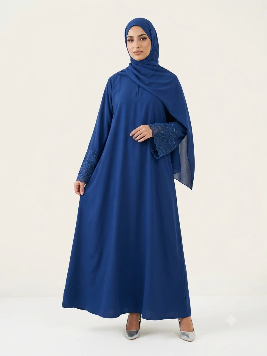 Navy Flower Lace Diamante Sleeve work Closed Abaya