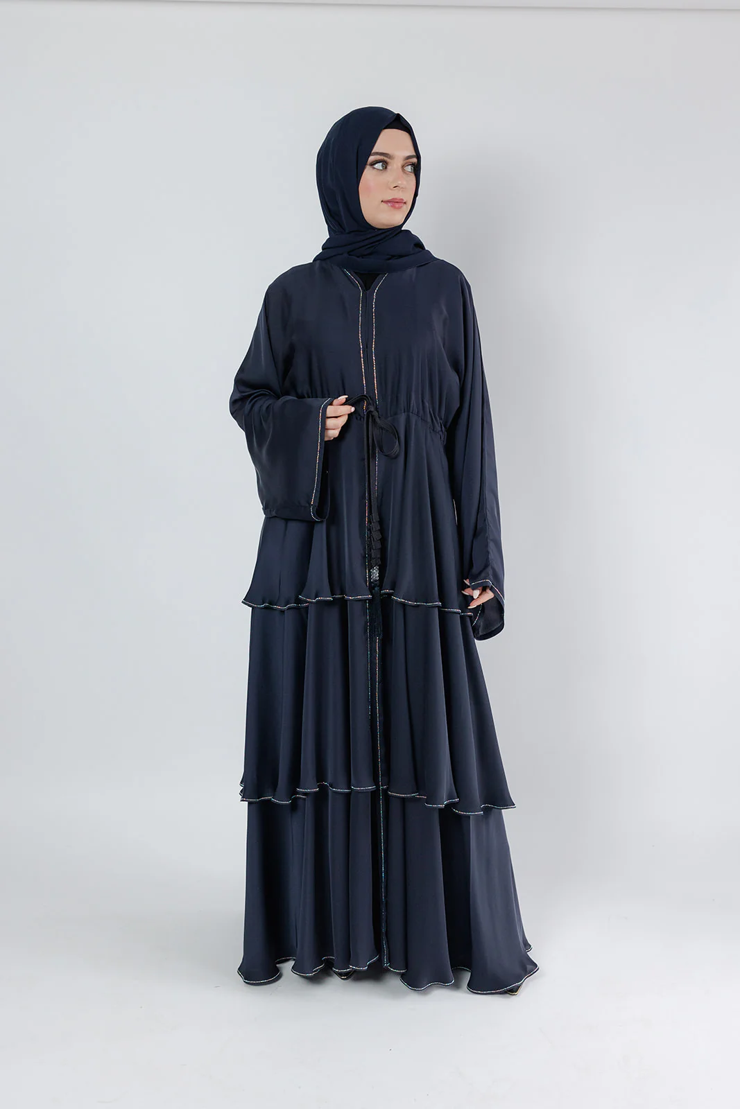 Navy Open Abaya – Luxury Embellished Layered Design with Drawstring Detailing