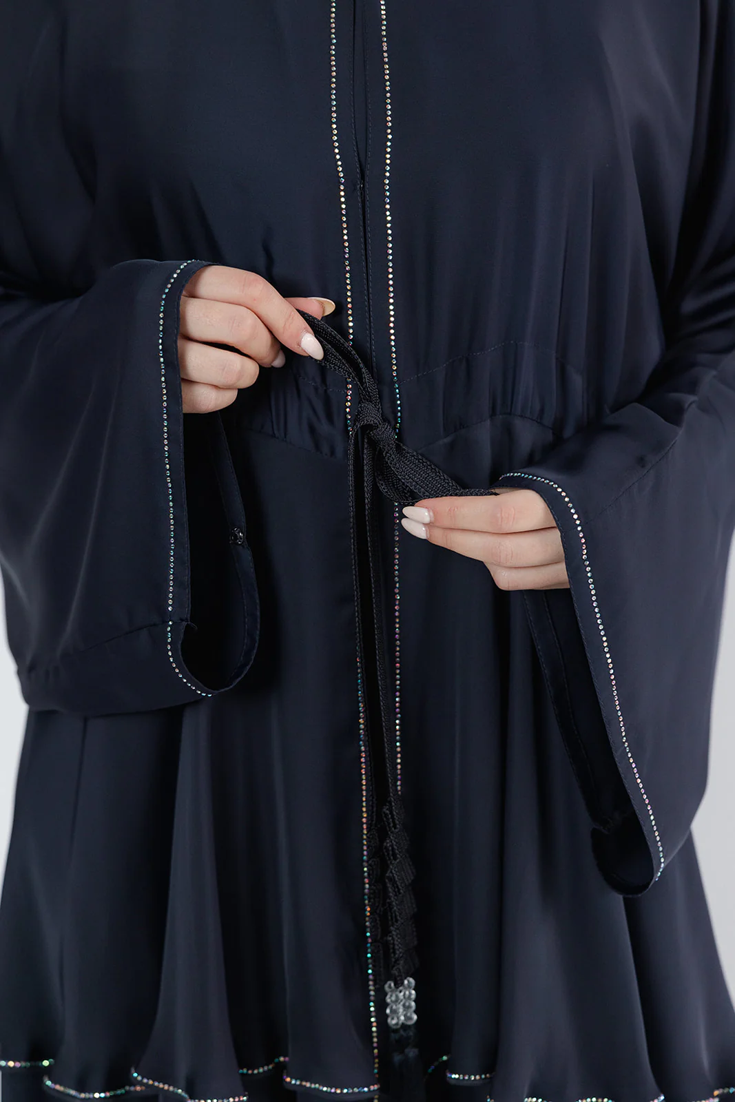 Navy Open Abaya – Luxury Embellished Layered Design with Drawstring Detailing - Image 3