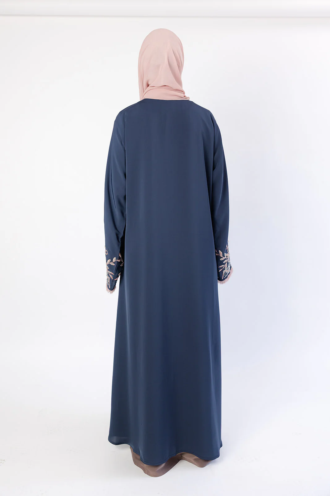 Navy Open Abaya – Luxury Nude Floral Beaded Sleeve Design - Image 5