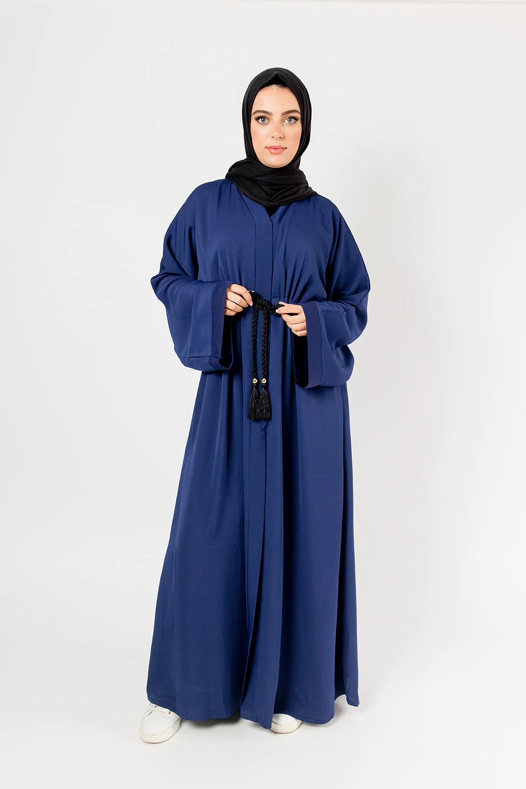 Navy Open Abaya – Plain Design, Drawstring Waist with Textured Finish - Image 5