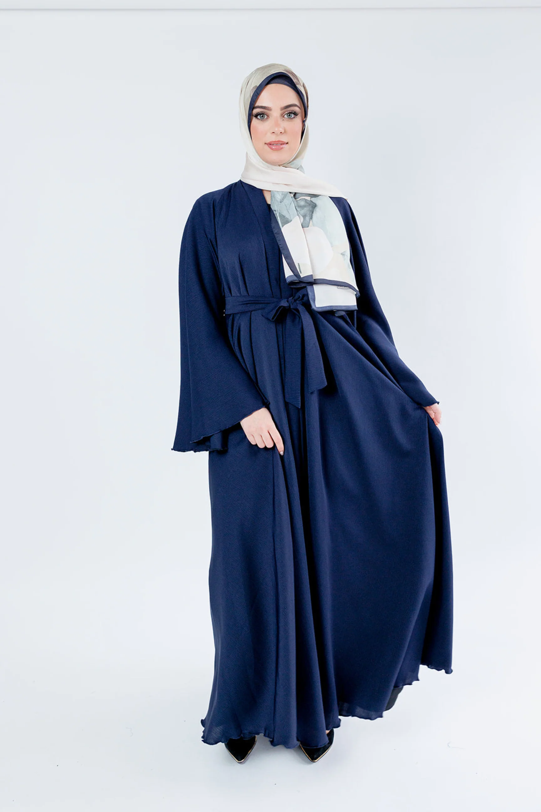 Navy Umbrella Open Abaya – Plain Textured Finish with Belt