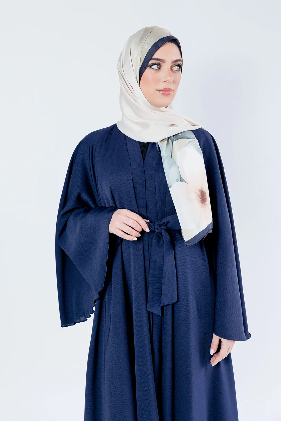 Navy Umbrella Open Abaya – Plain Textured Finish with Belt - Image 3