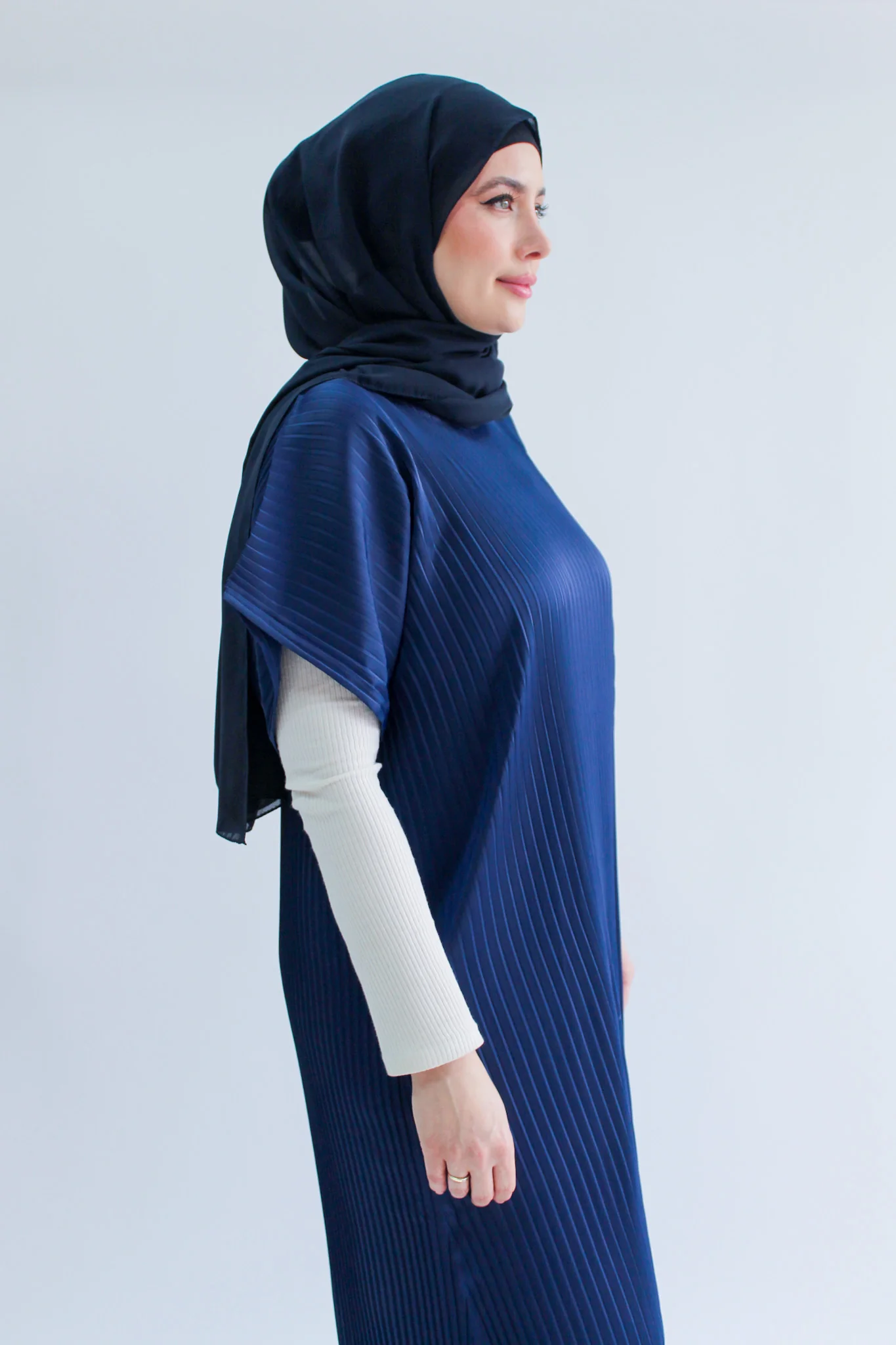 Navy Pleated Short Sleeve Dress - Silky Ripple Satin - Image 3