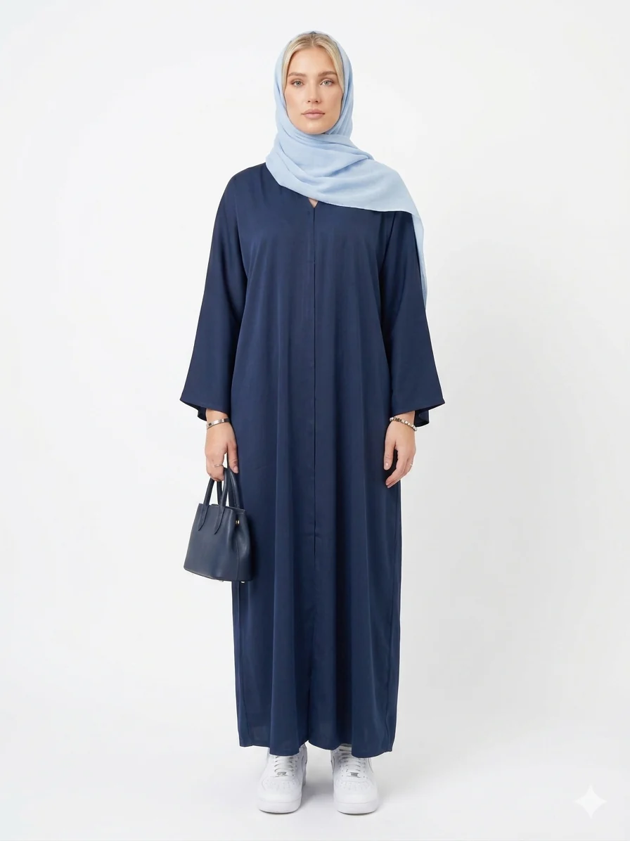 Navy Open Abaya - Ripple Satin Fabric with Pocket