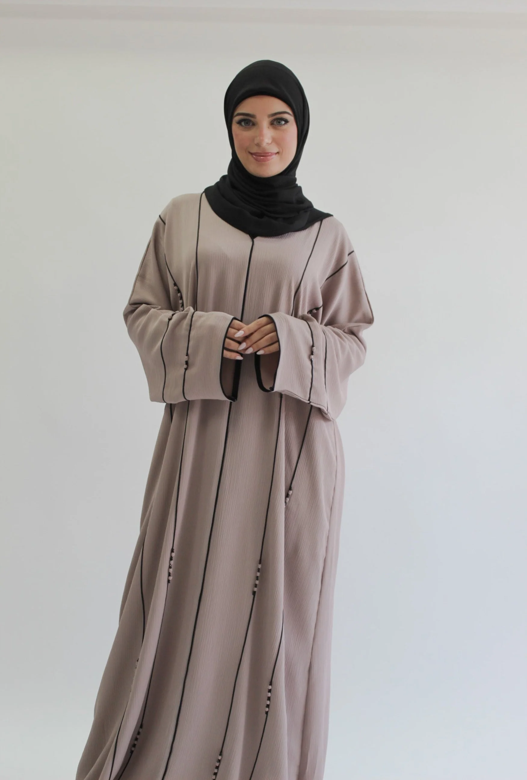 Nude Pink Closed Abaya – Textured Lined Design with Beaded Detailing - Image 3