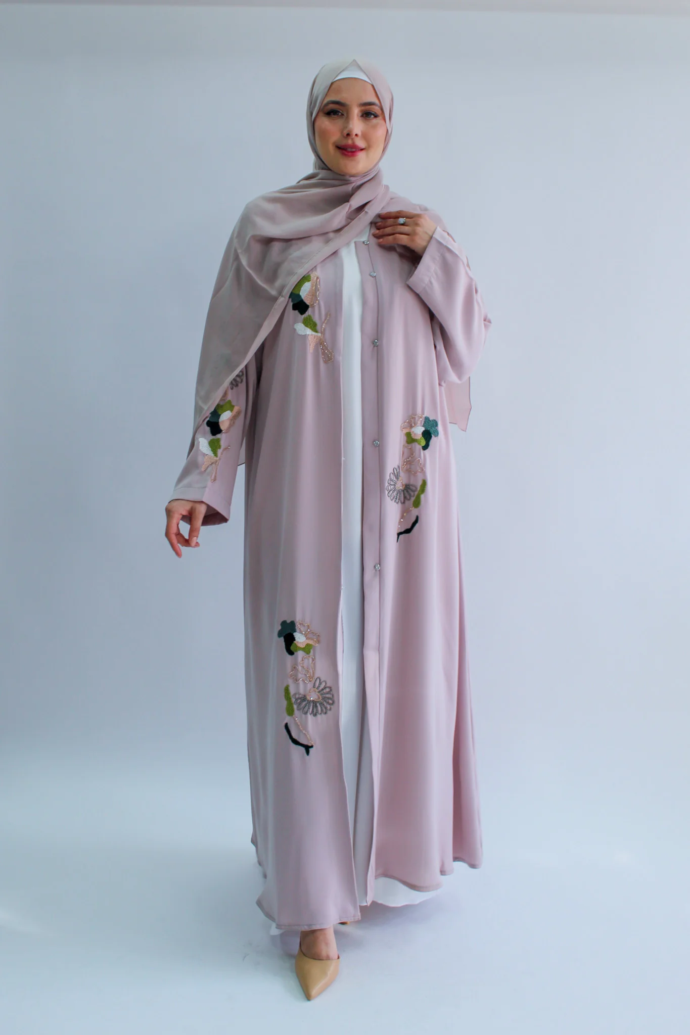Nude Open Abaya – Premium Blossom Embroidered Design