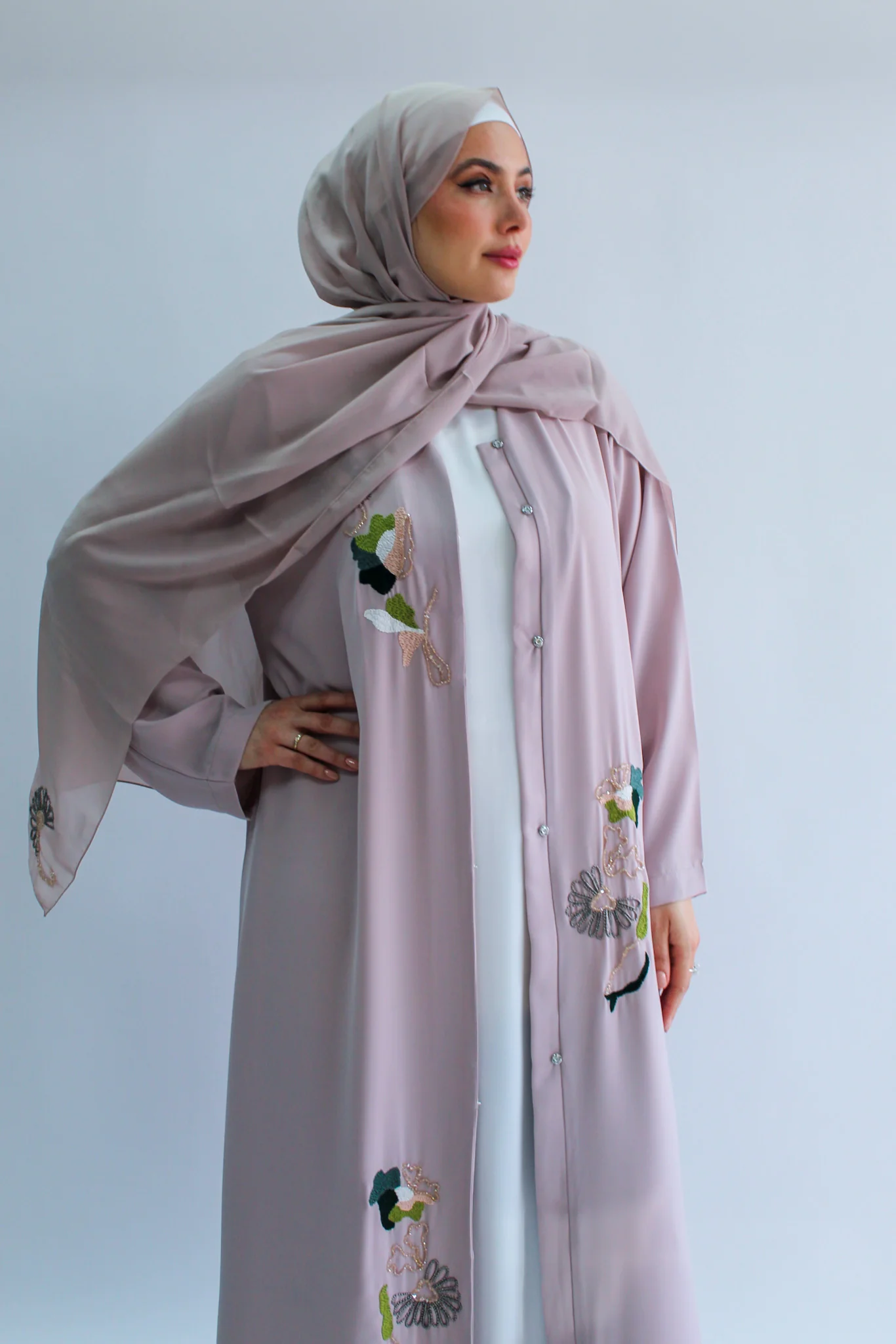 Nude Open Abaya – Premium Blossom Embroidered Design - Image 3