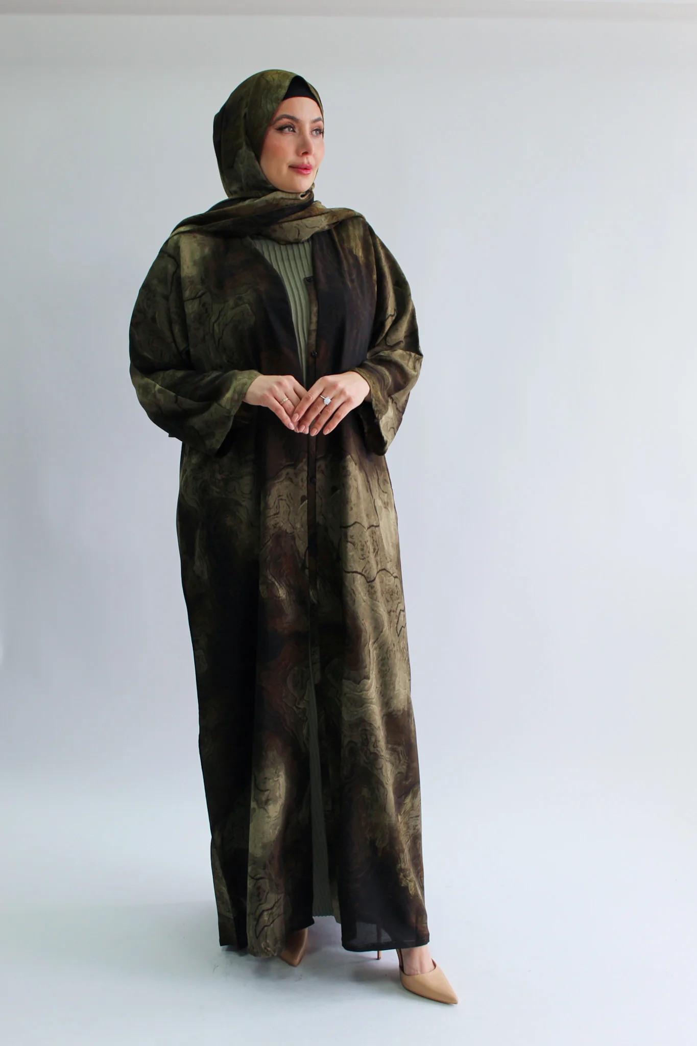 Olive Open Abaya – Moss Marble Effect