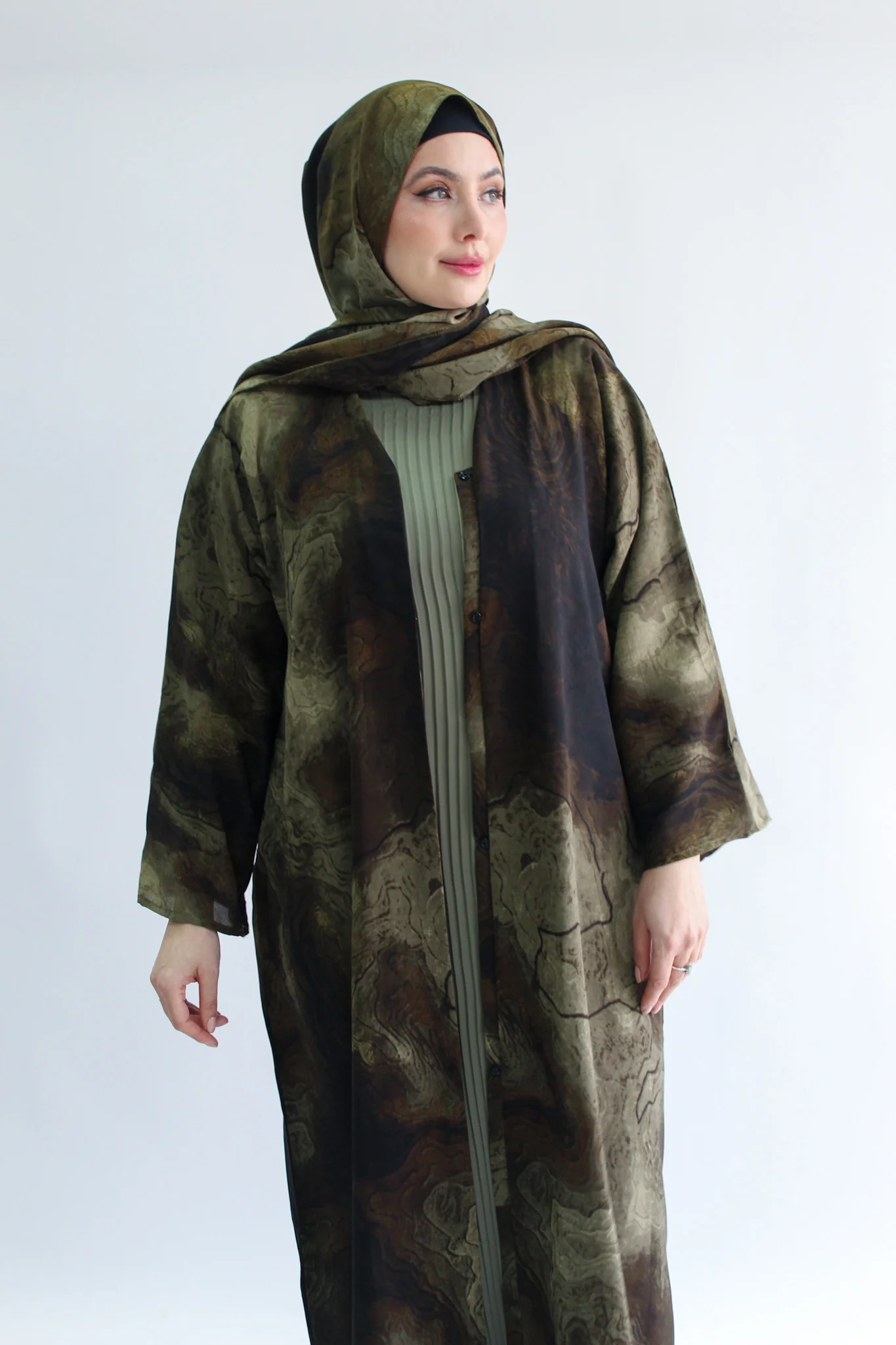 Olive Open Abaya – Moss Marble Effect - Image 2