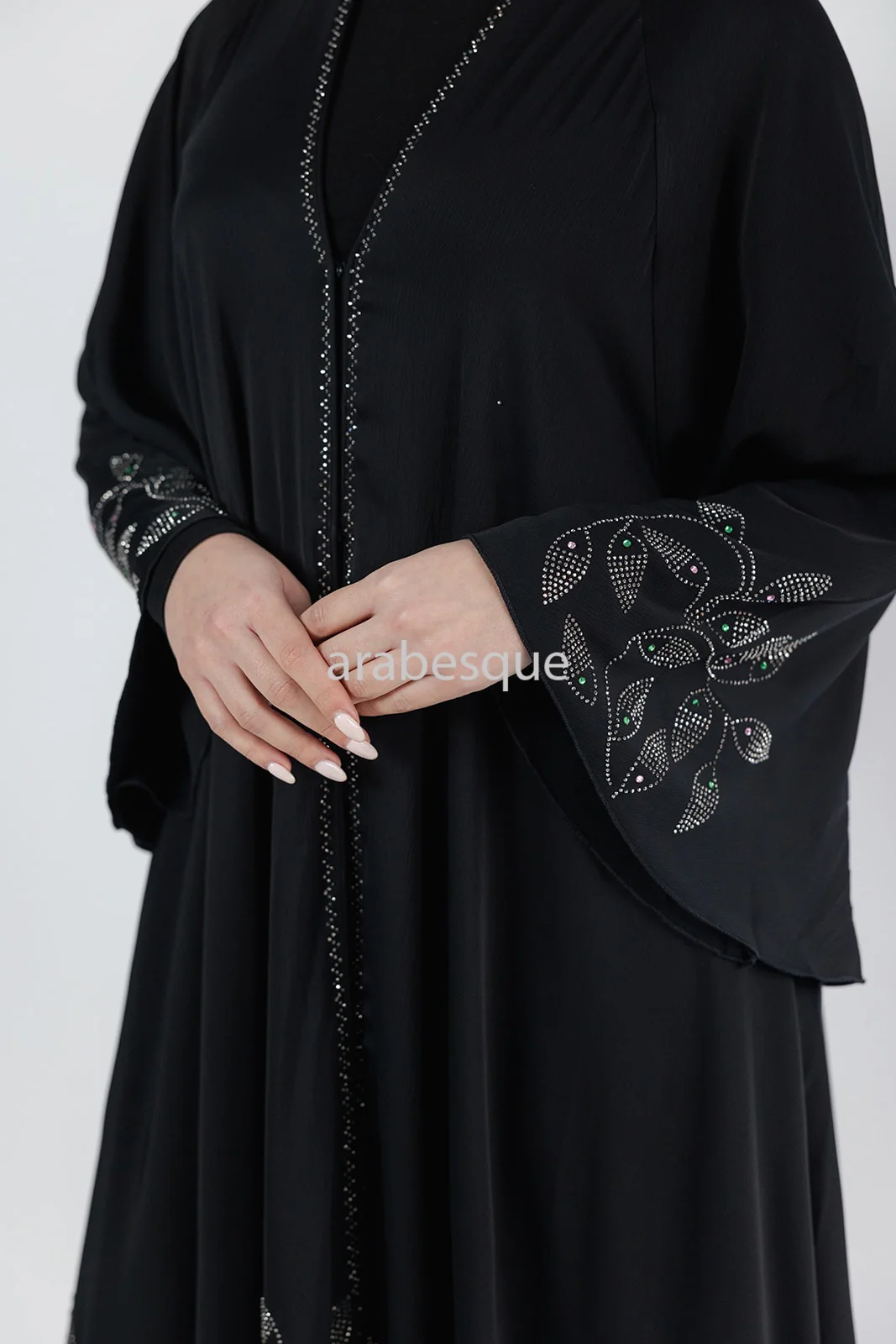 Black Open Abaya – Umbrella Cut Design with Diamante Leaf Detailing - Image 6