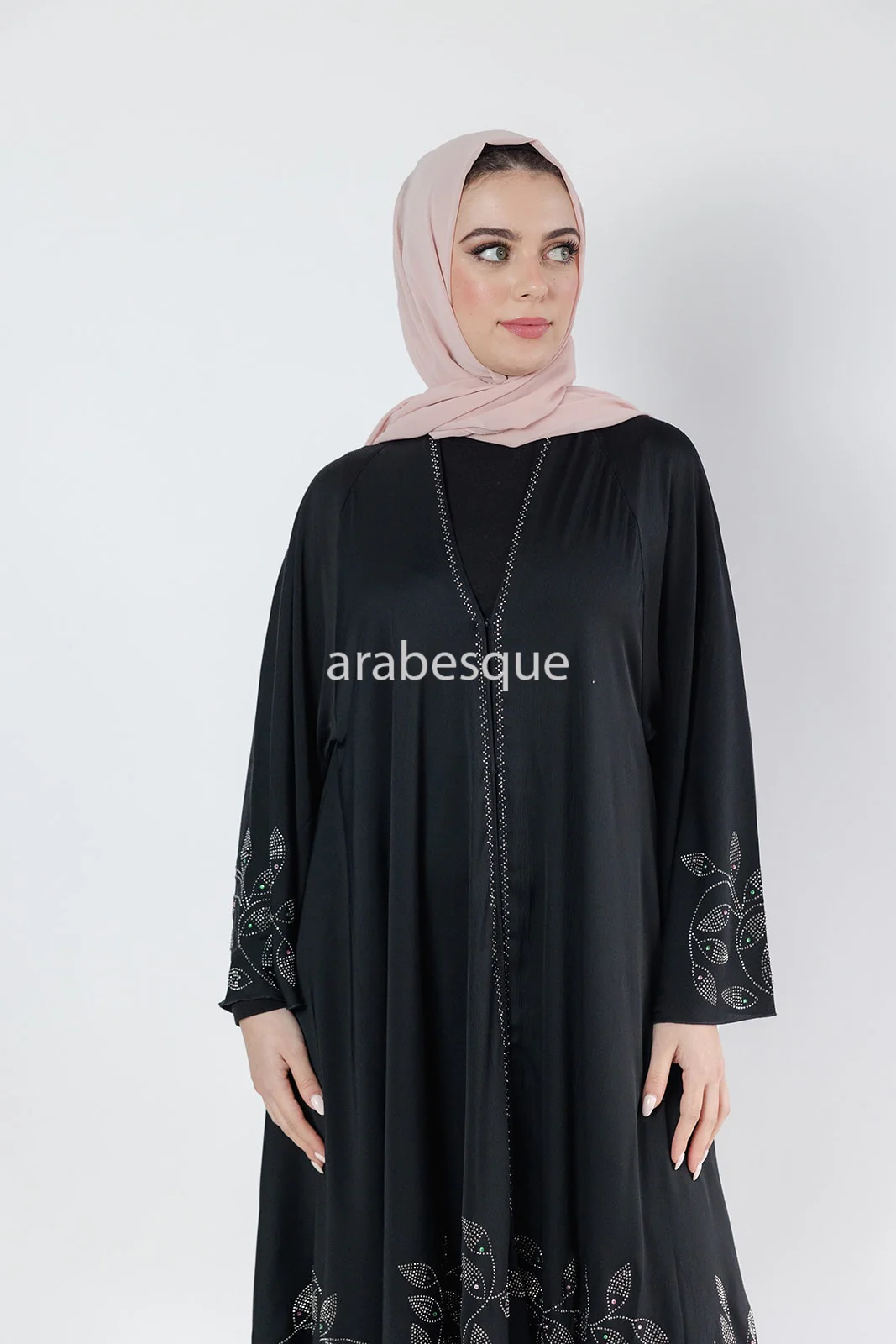 Black Open Abaya – Umbrella Cut Design with Diamante Leaf Detailing - Image 8