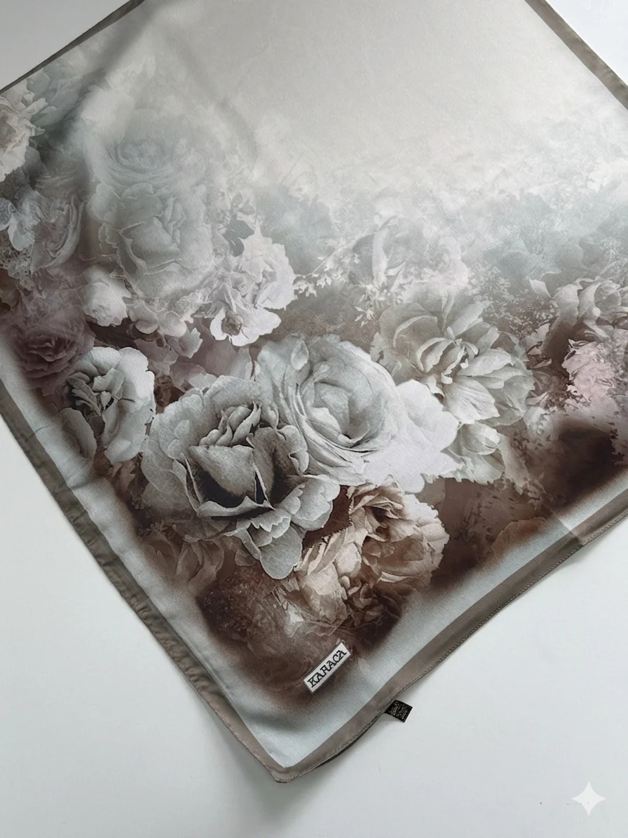 Premium Karaca 140cm Square Colourful Flowers Satin Hijab - Image 2