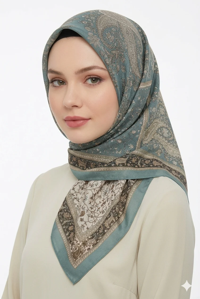 Premium Karaca Paisley and Floral Patterns 120cm Soft Chiffon Square Hijab - Image 2