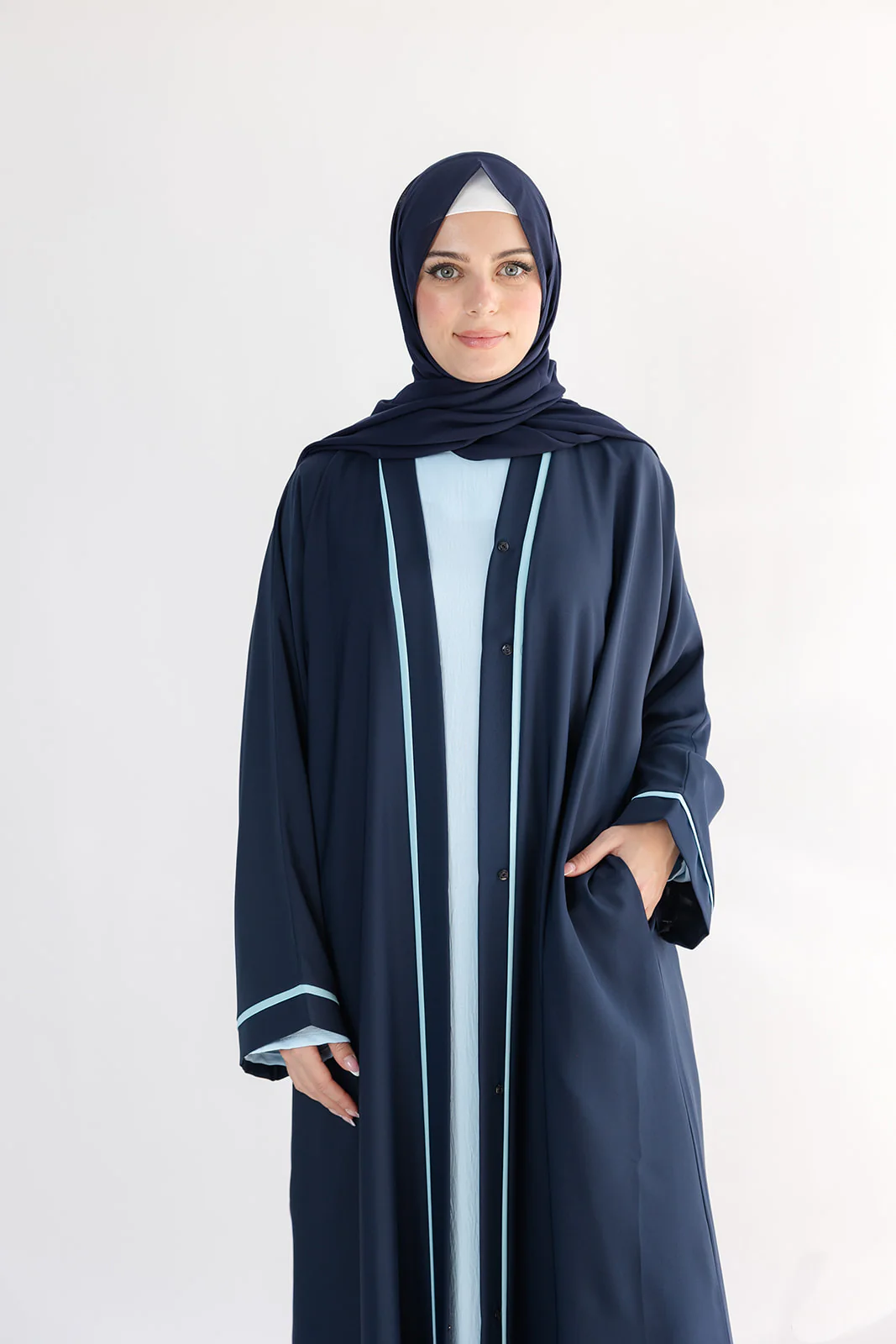 Premium Navy Open Abaya – Blue Line Border Design with Pocket - Image 3
